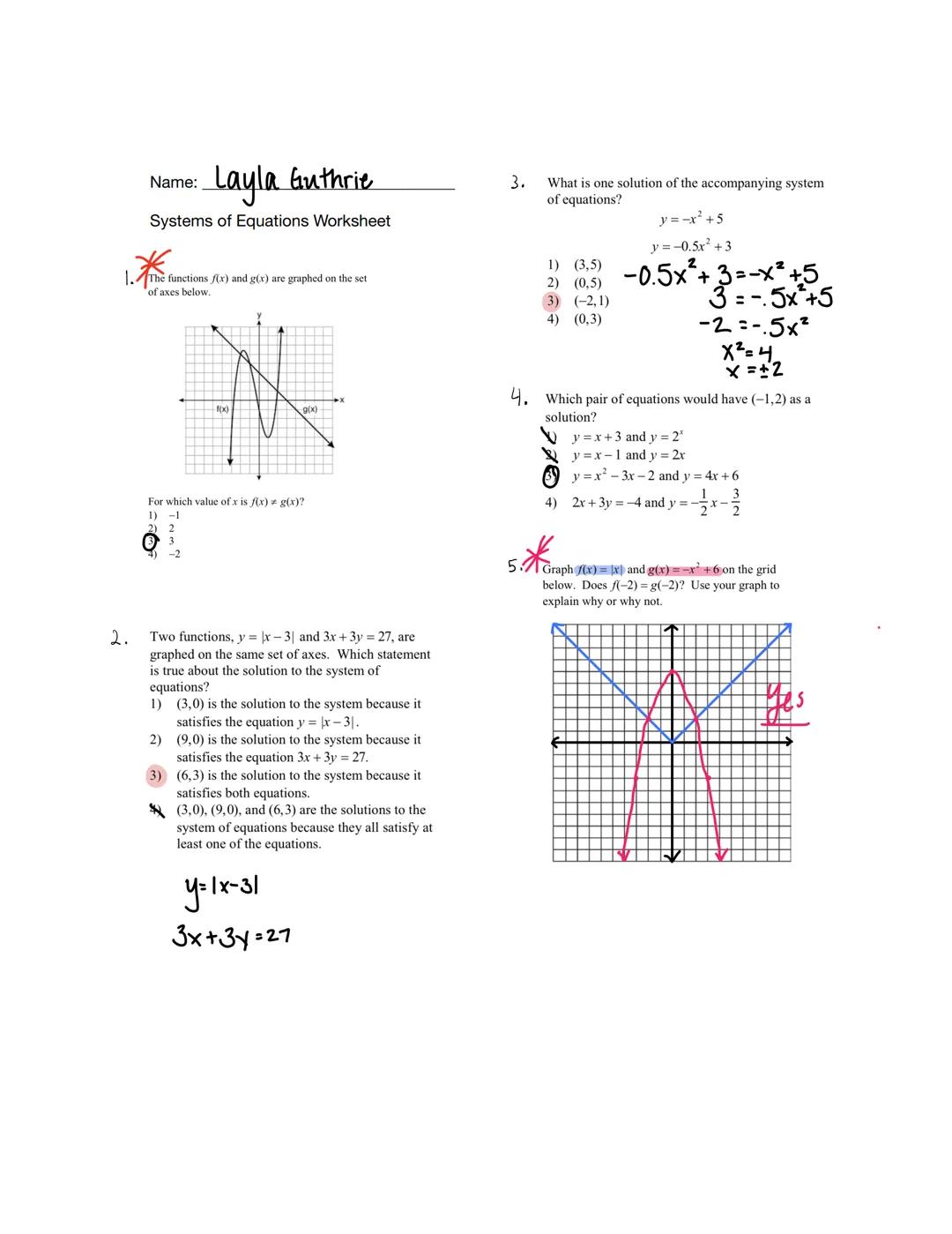 Name: Layla Guthrie
Systems of Equations Worksheet
1. The functions f(x) and g(x) are graphed on the set
of axes below.
For which value o