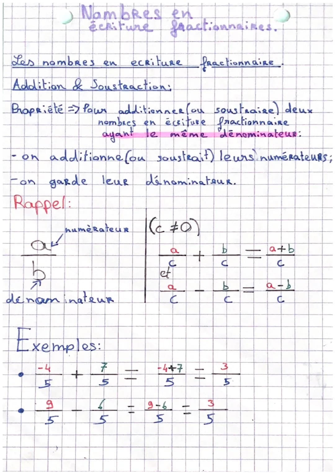 # Nambres en
écriture fractionnaires.
Les nombres en ecriture fractionnaire.
Addition & Soustraction:
Propriété Pour additionner(ou soust