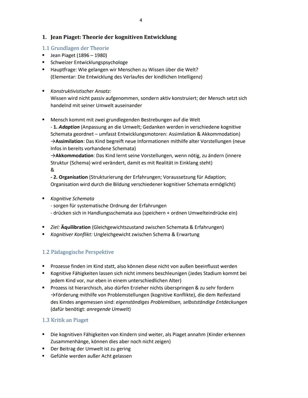 Pädagogik Lk
Lernzettel Abitur 2022
Inhalt
1. Jean Piaget: Theorie der kognitiven Entwicklung
4
1.1 Grundlagen der Theorie
4
1.2 Pädagogisc