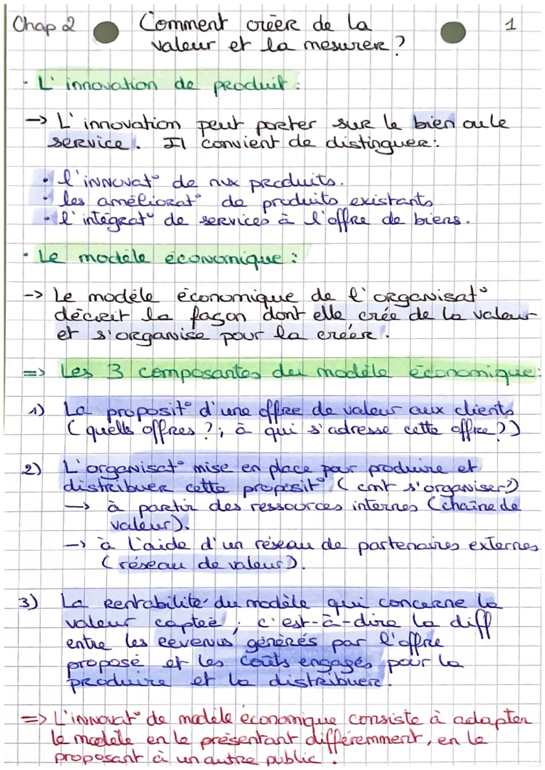 Chap 2
Comment creer de la
valeur et la mesurer?
1
• L'innovation de produit :
→ L'innovation peut poreter sur le bien aule
service. Il con