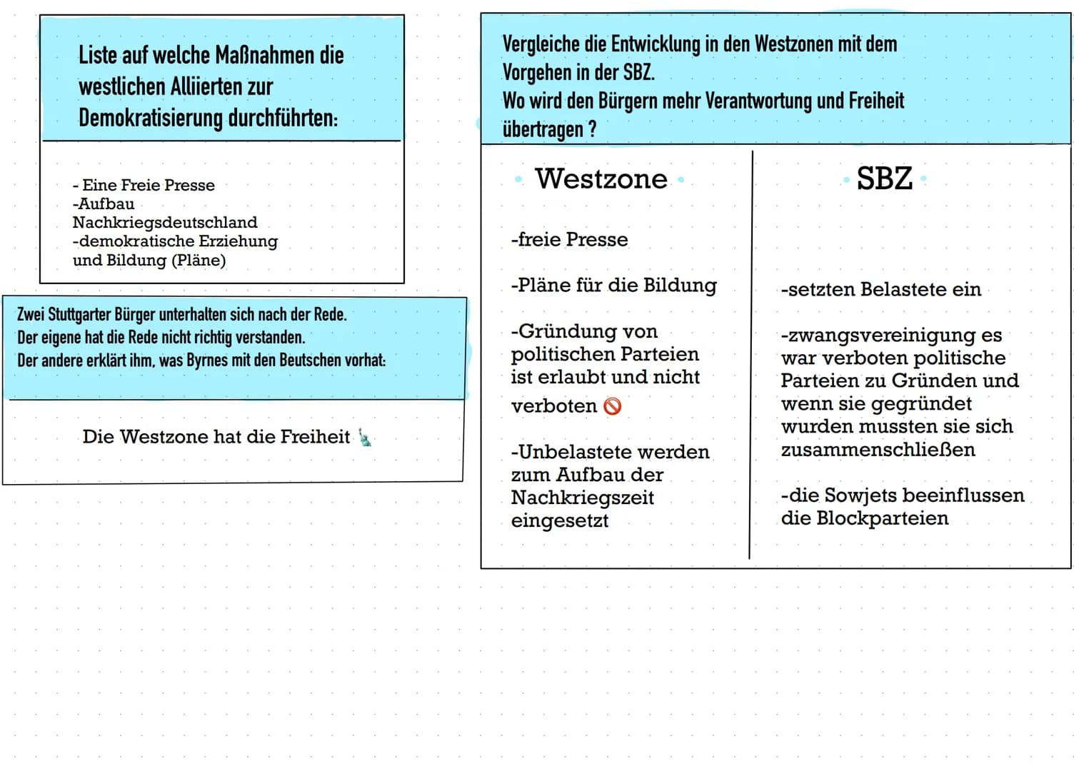 # Entnazifizierung
1. Nenne die Bedingungen der Sieger für
Nachkriegsdeutschland
- Das deutsche volk trägt die verantwortung für das Elend