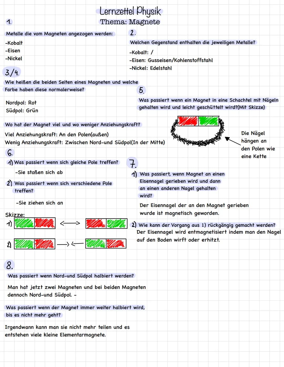 # Lernzettel Physik
## Thema: Magnete
1.
Metalle die vom Magneten angezogen werden:
-Kobalt
-Eisen
-Nickel
2.
Welchen Gegenstand enthalten d