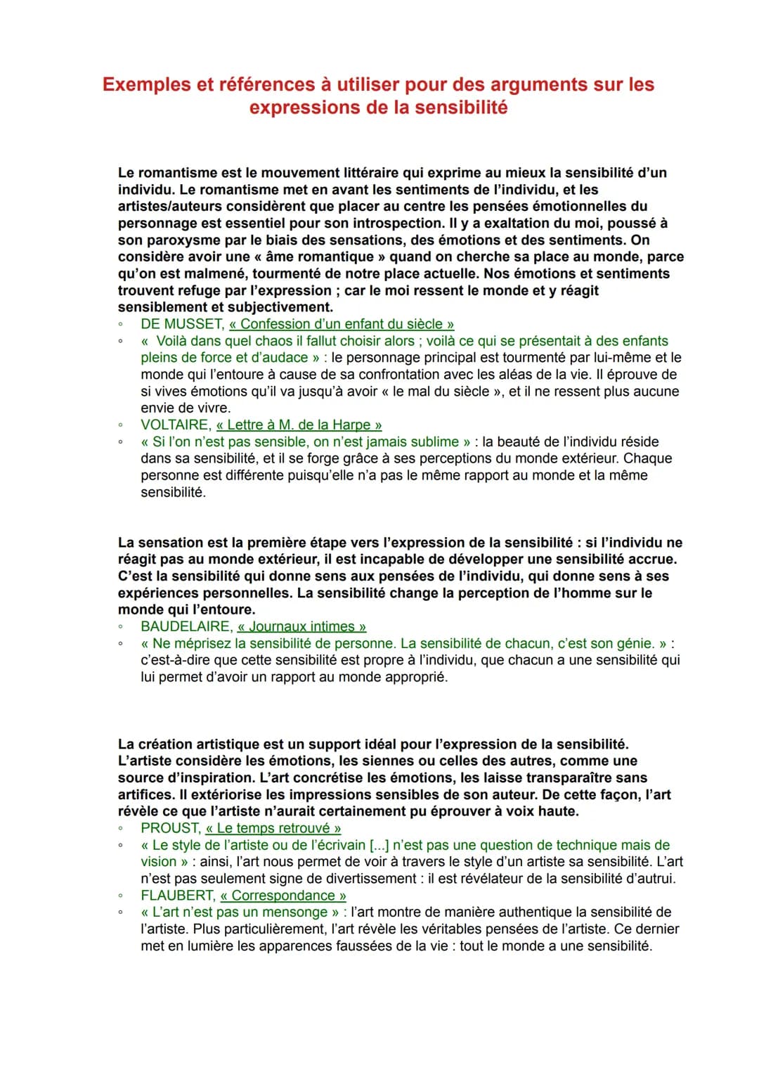 # Exemples et références à utiliser pour des arguments sur les
expressions de la sensibilité
Le romantisme est le mouvement littéraire qui