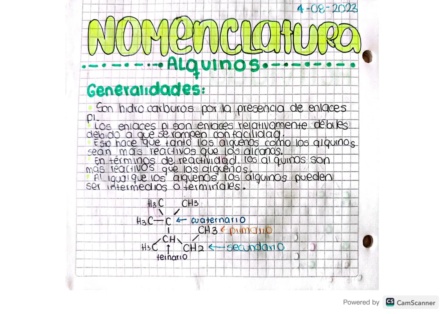 4-08-2023
# NOMENCLATURA
## Alquinos
### Generalidades:
* Son hidro carburos por la presencia de enlaces ρι
* Ios enlaces pi son enl