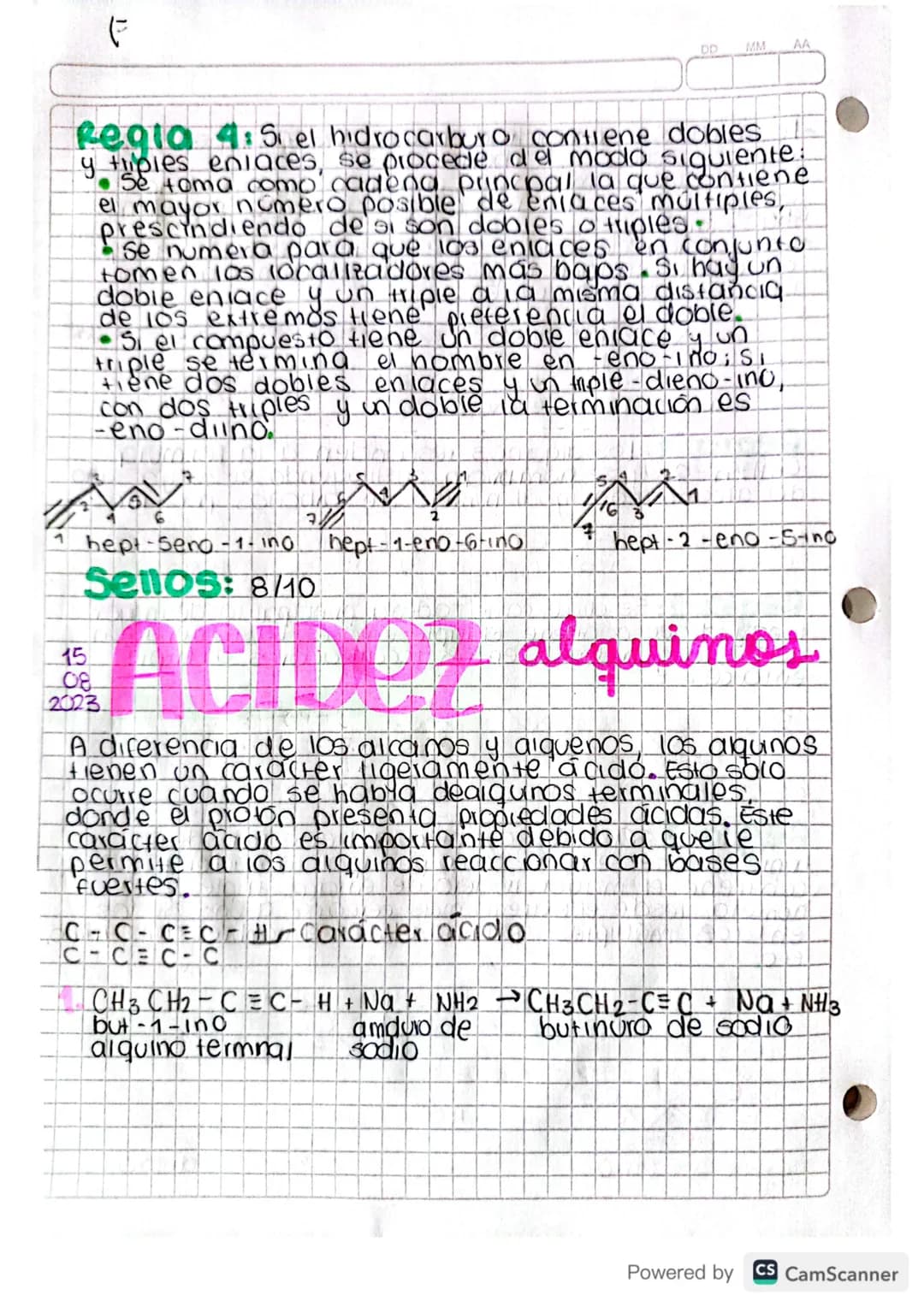 4-08-2023
# NOMENCLATURA
## Alquinos
### Generalidades:
* Son hidro carburos por la presencia de enlaces ρι
* Ios enlaces pi son enl