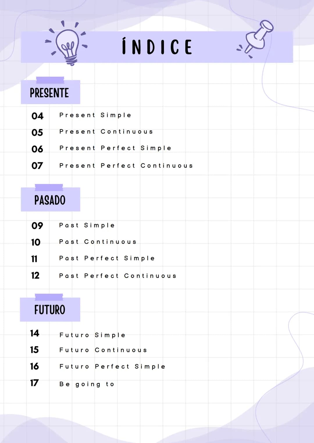 ## THE VERBAL TENSES ÍNDICE
PRESENTE
04 Present Simple
05 Present Continuous
06 Present Perfect Simple
07 Present Perfect Continuous
PASADO