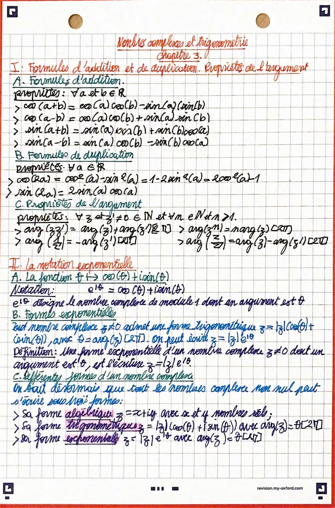 # Nombres complexes et trigonometrie
Chapitre 3.
I Formules d'addition et de duplication. Propriétés de l'argument
A. Formules d'addition.