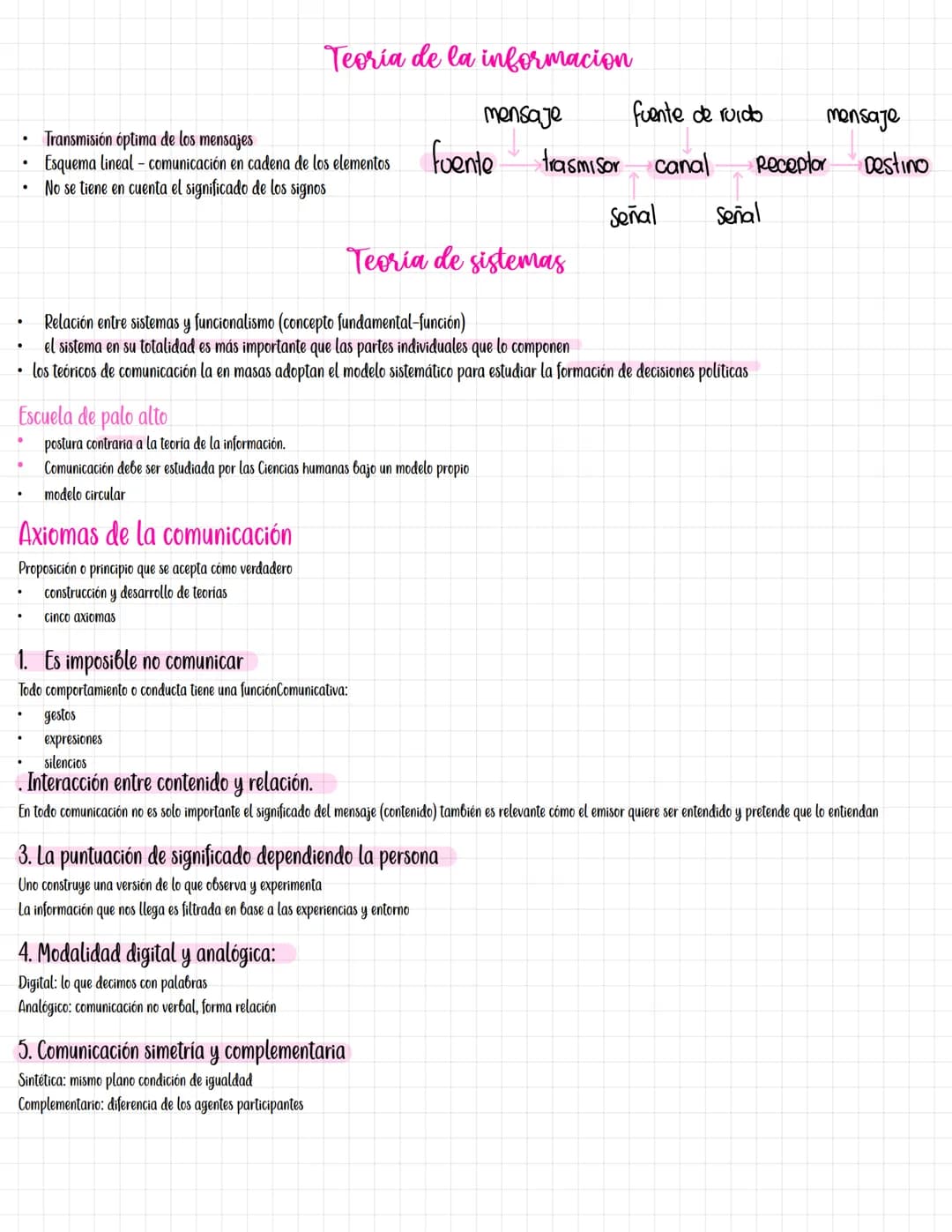 # Teoria de la informacion
- Transmisión óptima de los mensajes
- Esquema lineal - comunicación en cadena de los elementos
- No se tiene en