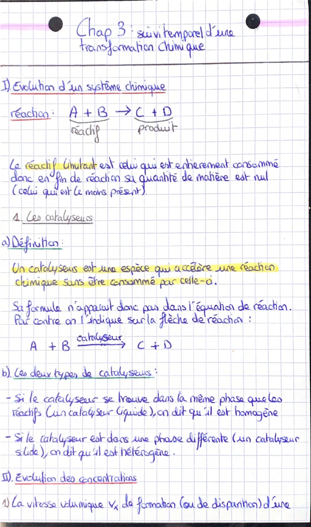 Chap 3
Chap 3: suivi temporel d'une
transformation Chimique
1). Evolution d'un système chimique
reaction: A + B C + D
reachig
produit
Le