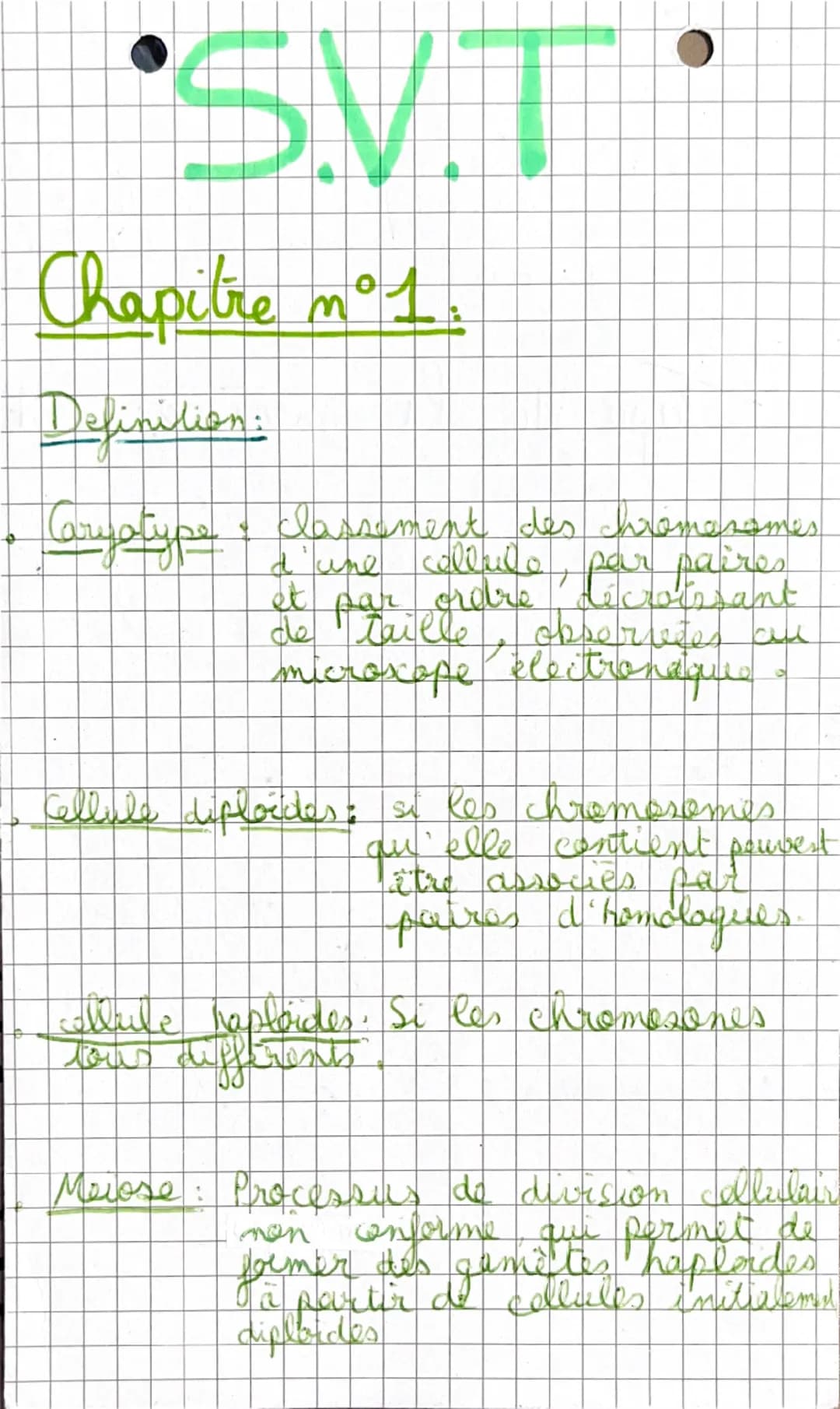 *SVT.
Chapitre n°1:
Definition:
• Caryotype : classement des chromosomes
d'une cellule, par paires
et par ordre décroissant
de taille, obser