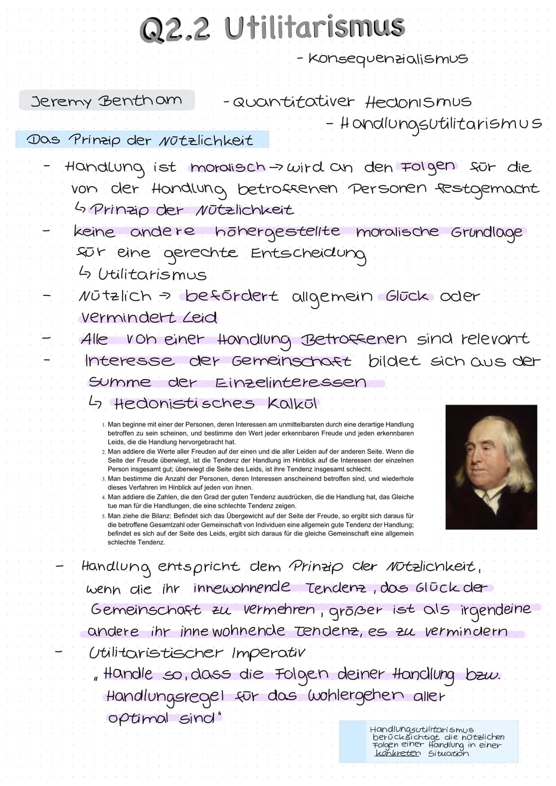 # Q2.2 Utilitarismus
- Konsequenzialismus
Jeremy Bentham
- Quantitativer Hedonismus
- Handlungsutilitarismus
Das Prinzip der Nützlichkeit