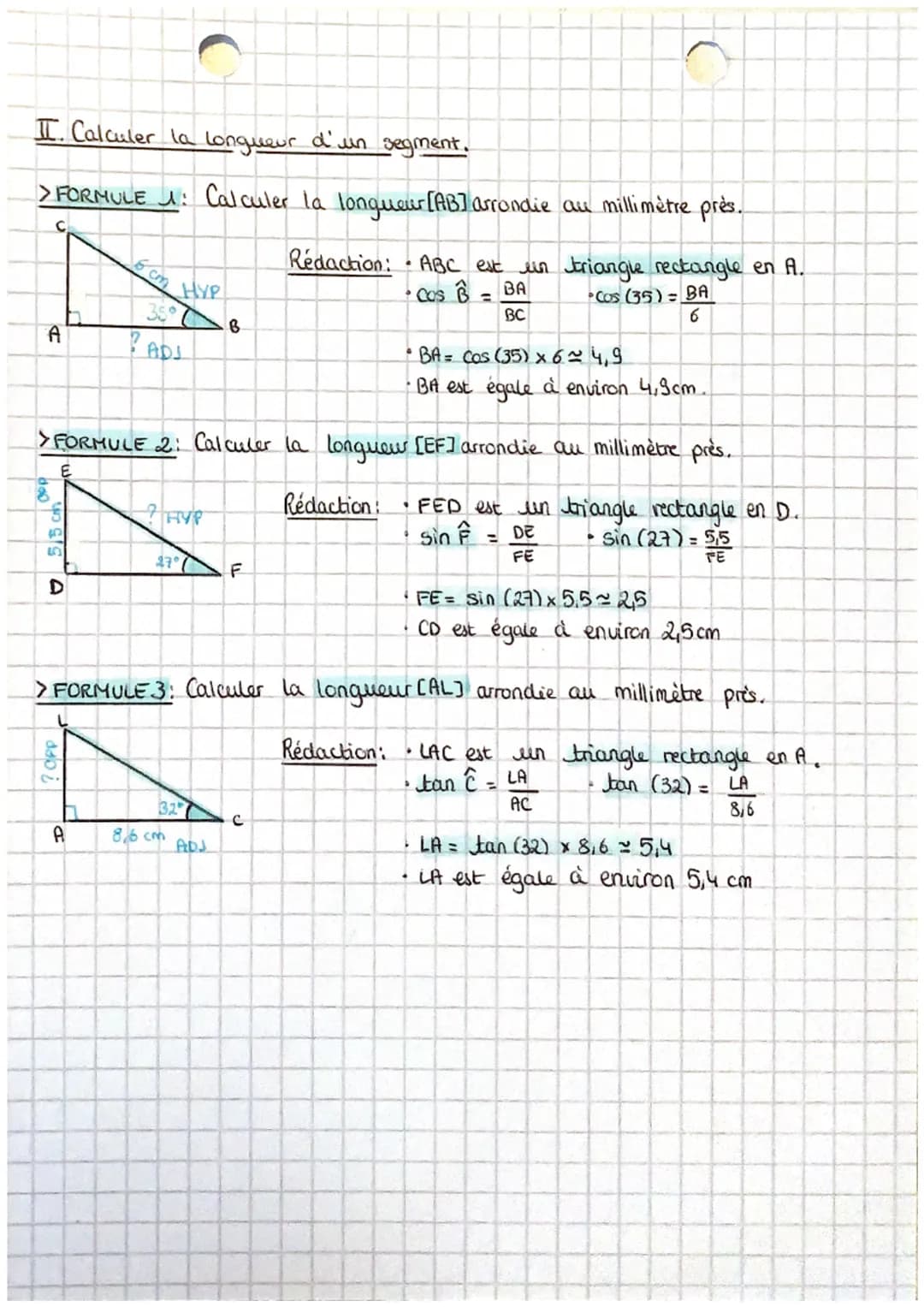 >>>TRIGONOMETRIE
I. Les 3 formules.
maths
- Dans un triangle rectangle:
COSINUS = $\frac{ADJACENT}{HYPOTÉNUSE}$ | SINUS = $\frac{OPPOSÉ}