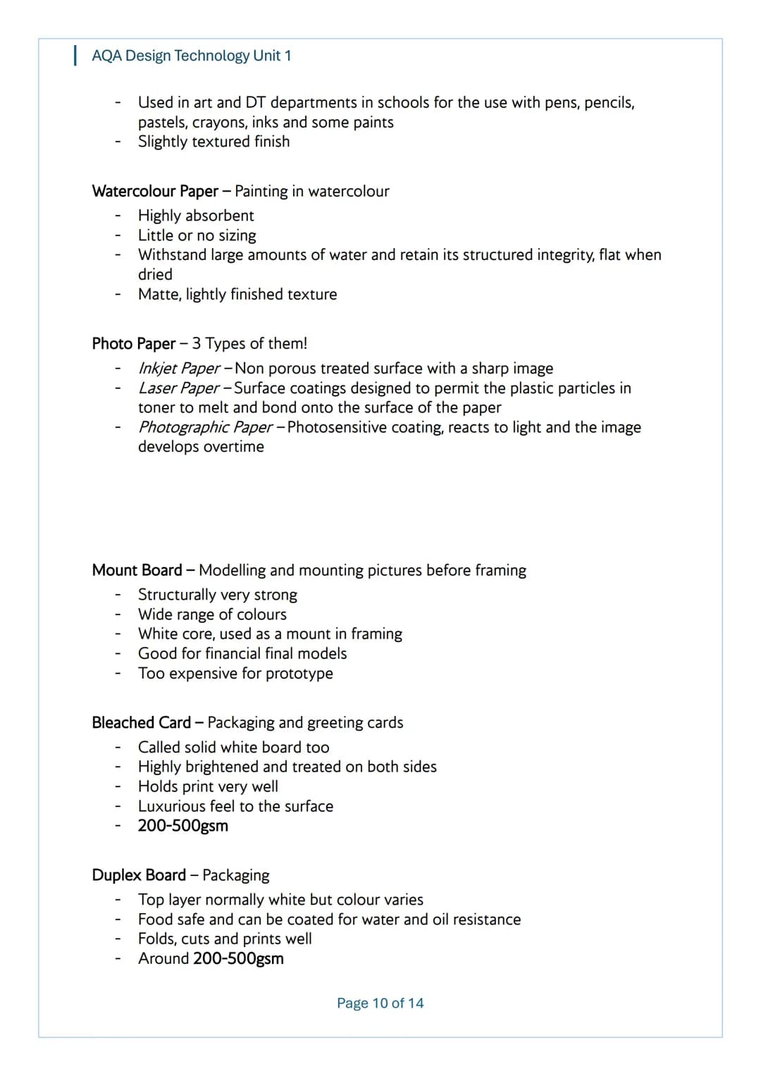 AQA Design Technology Unit 1
AQA
Design Technology
Unit 1
Content
Notes
Page 1 of 14 AQA Design Technology Unit 1
Topic 1 - Performance Char