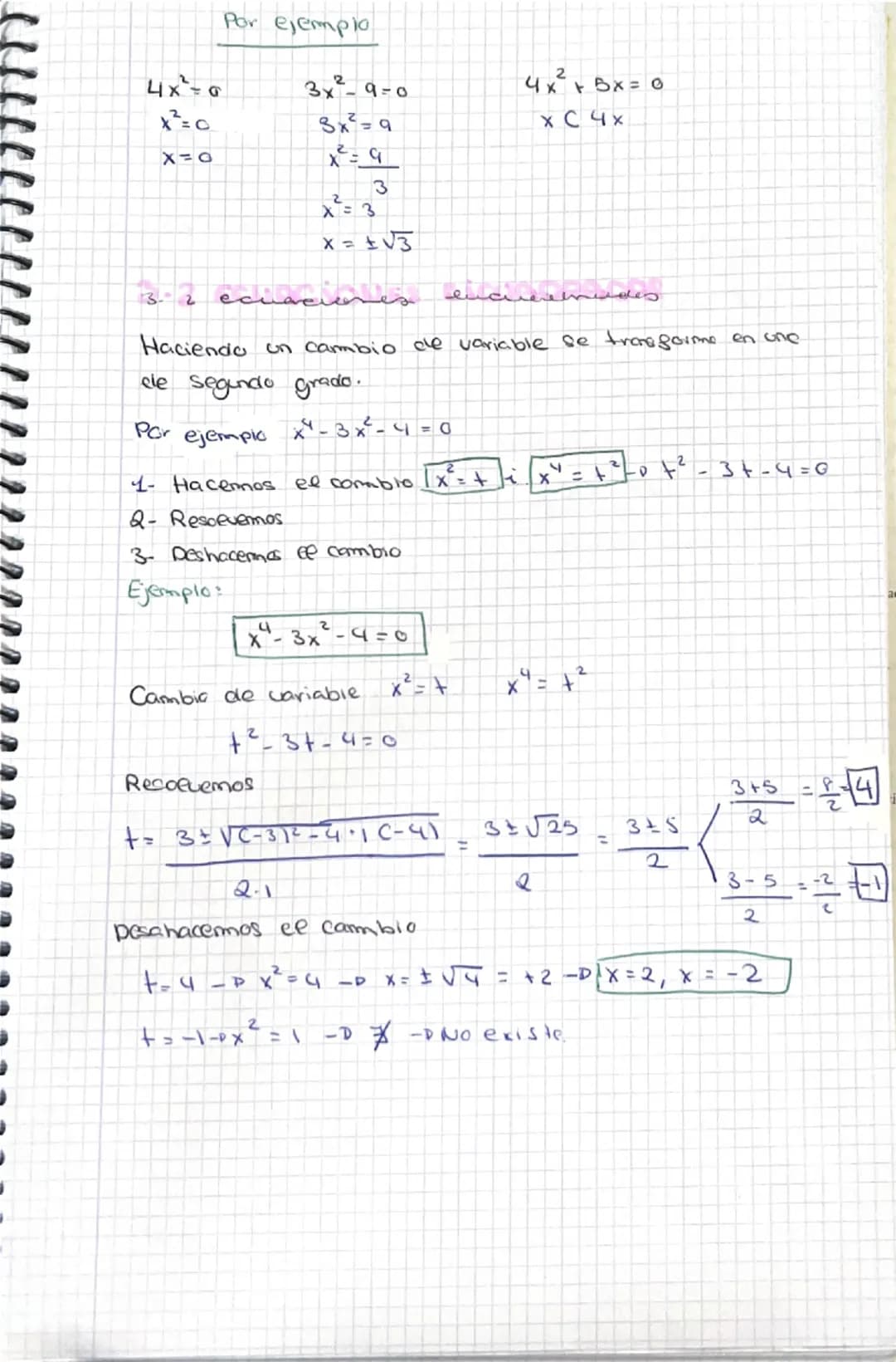 Por ejemplo
$4x²=0$
$3x²-9=0$
$4x² + Bx = 0$
$x²=0$
$3x²=9$
$x C 4x$
$x=0$
$x²=9$
$
$x²=3$
$x = ±√3$
3.2 ecuaciones encuernades
Haciendo