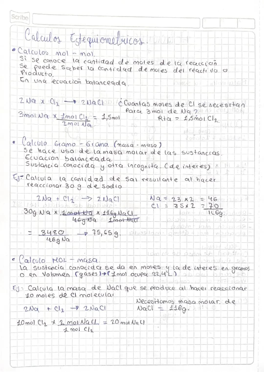Scribe
# Calculos Estequiometricos. Lio
* Calculos mol - mol.
Si se conoce la cantidad de moles de la reacción
Se puede saber la c