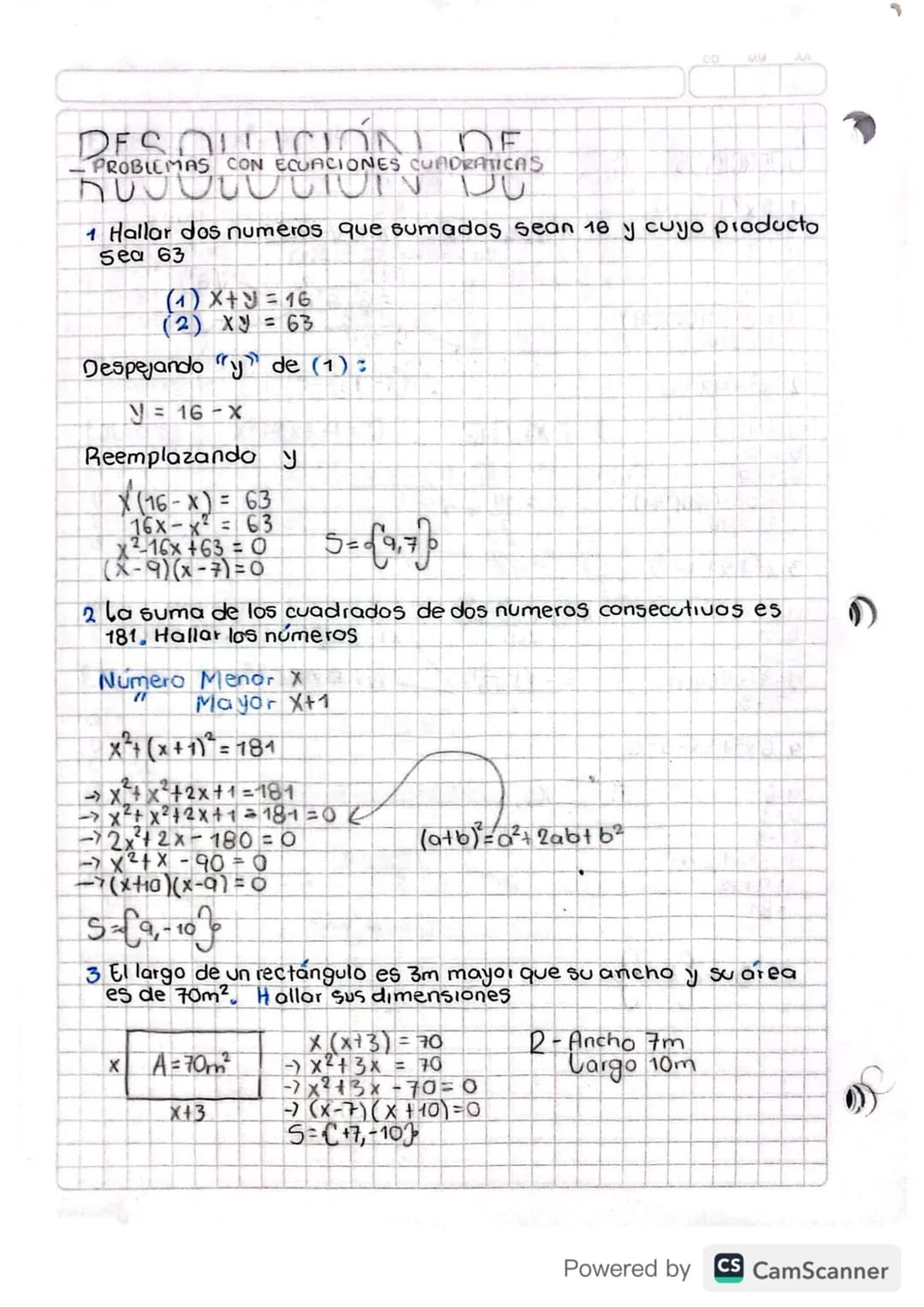 # DESOLLICIÓN DE
PROBLEMAS CON ECUACIONES CUADRATICAS
1 Hallar dos numeros que sumados sean 16 y cuyo producto
sea 63
(1) x+y=16
(2) Xy = 6