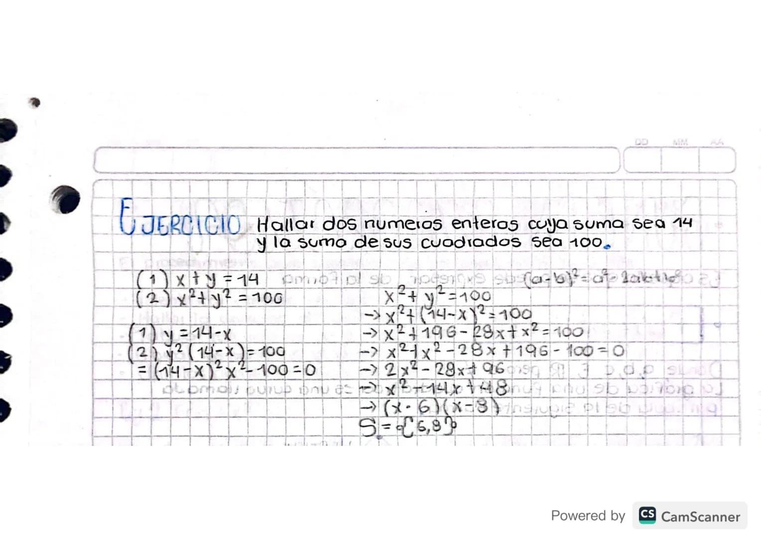 # DESOLLICIÓN DE
PROBLEMAS CON ECUACIONES CUADRATICAS
1 Hallar dos numeros que sumados sean 16 y cuyo producto
sea 63
(1) x+y=16
(2) Xy = 6