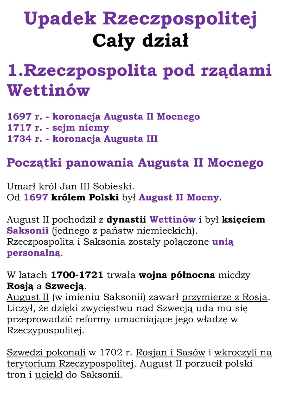 # Upadek Rzeczpospolitej
Cały dział
# 1.Rzeczpospolita pod rządami
Wettinów
1697 r. - koronacja Augusta Il Mocnego
1717 r. - sejm niemy