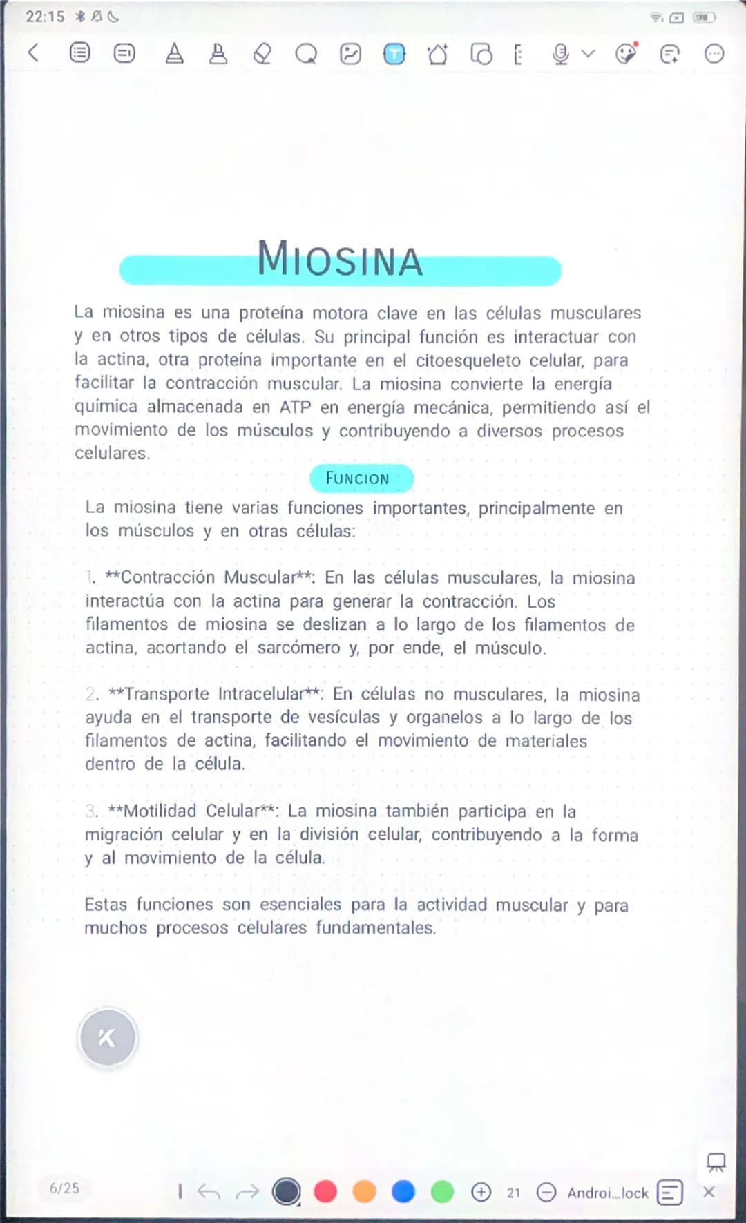 22:15
MIOSINA
La miosina es una proteína motora clave en las células musculares
y en otros tipos de células. Su principal función es inter