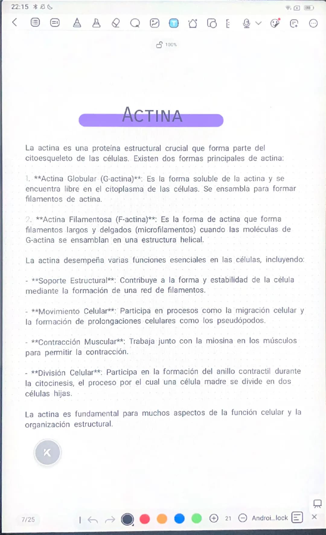 22:15
MIOSINA
La miosina es una proteína motora clave en las células musculares
y en otros tipos de células. Su principal función es inter