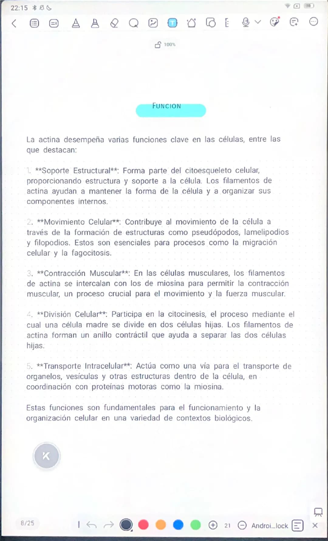 22:15
MIOSINA
La miosina es una proteína motora clave en las células musculares
y en otros tipos de células. Su principal función es inter