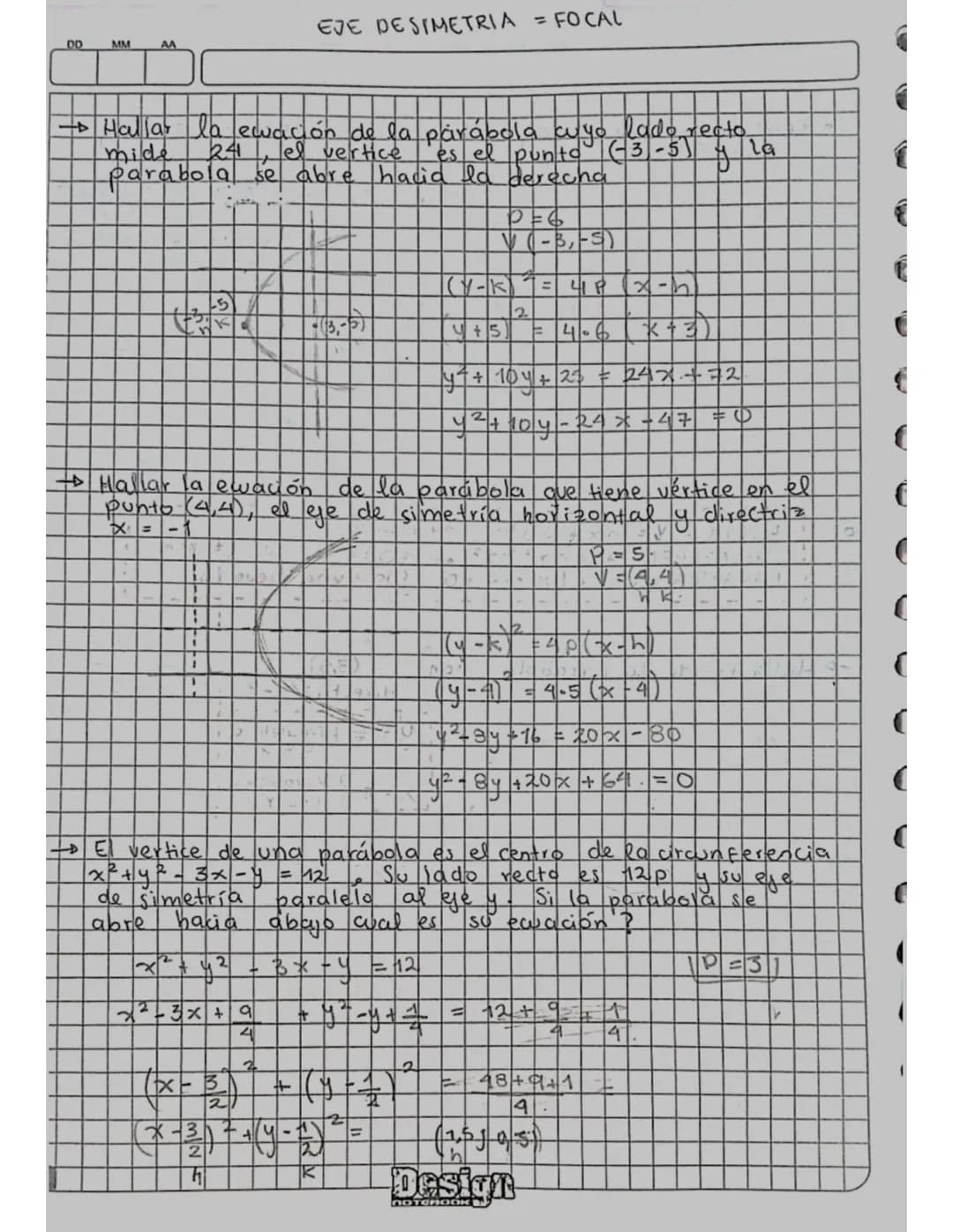MM
AA
# PARABOLA
• Lugar geometrico de todos los puntos que equidistan.
de un punto fijo llamado foco y una linea llamada
directriz.
foco
