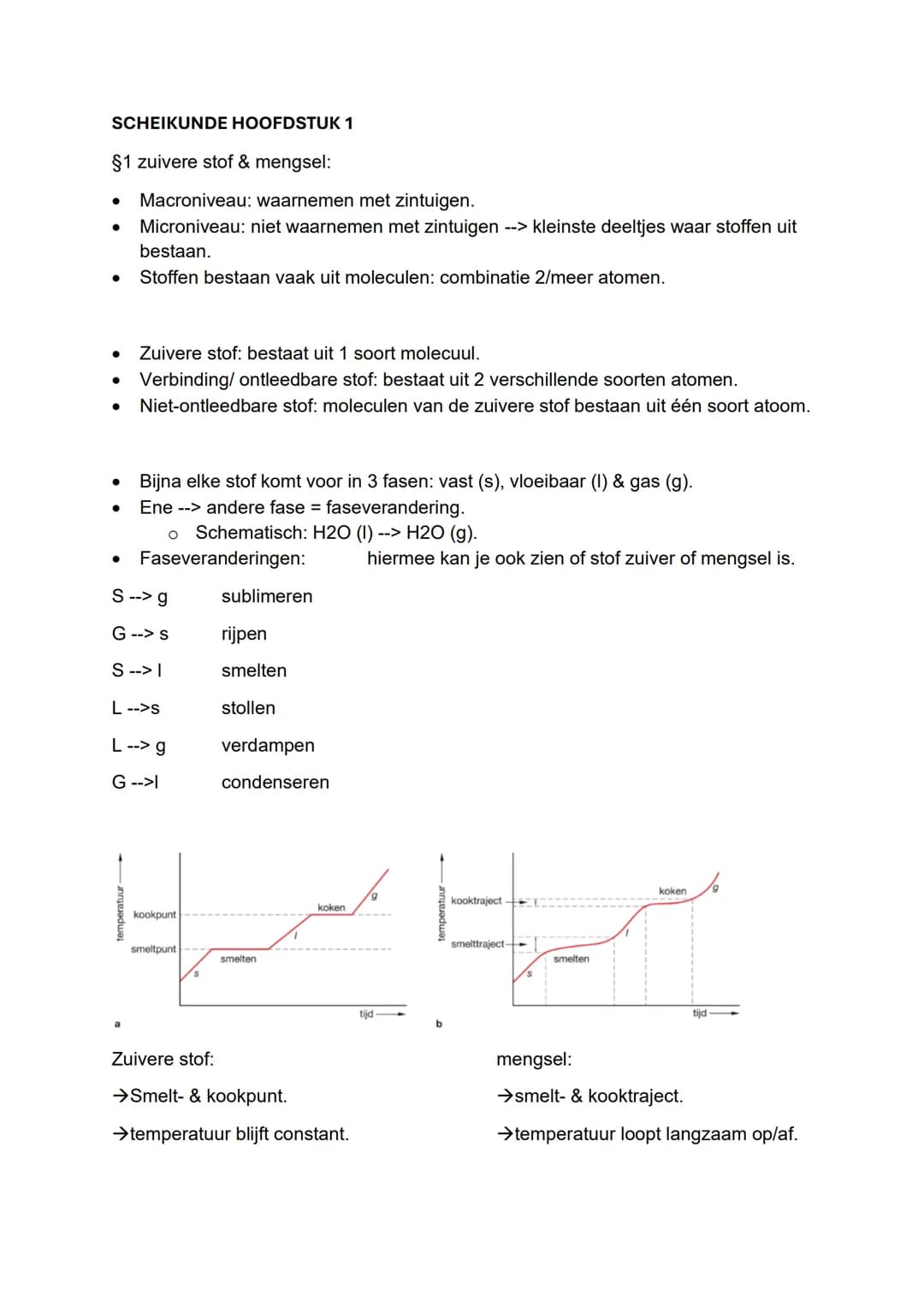 SCHEIKUNDE HOOFDSTUK 1
§1 zuivere stof & mengsel:
- Macroniveau: waarnemen met zintuigen.
- Microniveau: niet waarnemen met zintuigen -->