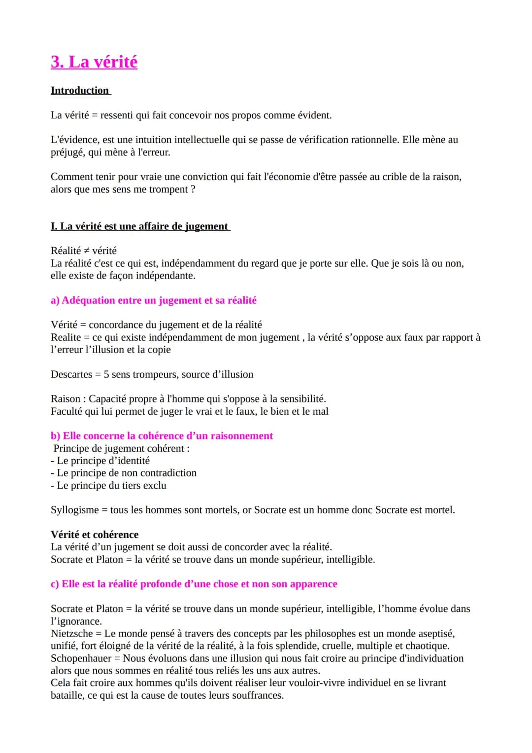 Philosophie Notions
1.La conscience
I. Def et problématique
Conscience: entité du psychisme humain grâce à laquelle nous rentrons en cont