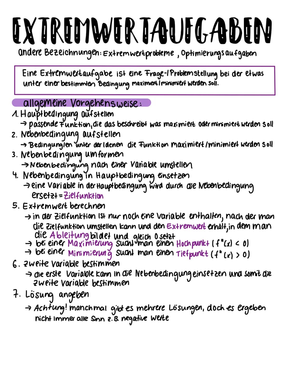 # EXTRIMWER TAUFGABIN
andere Bezeichnungen: Extremwertprobleme, Optimierungsaufgaben
Eine Extremwertaufgabe ist eine Frage-/Problemstellun