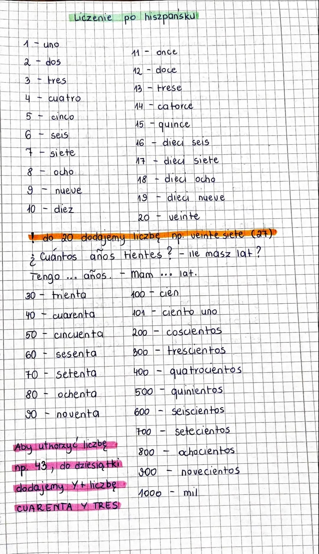 # Liczenie po hiszpansku
1 - uno
11 - once
2 - dos
12- doce
3- Fres
13 - trese
4 - cuatro
14 - catorce
5- cinco
15 - quince
6 - seis
16 - d