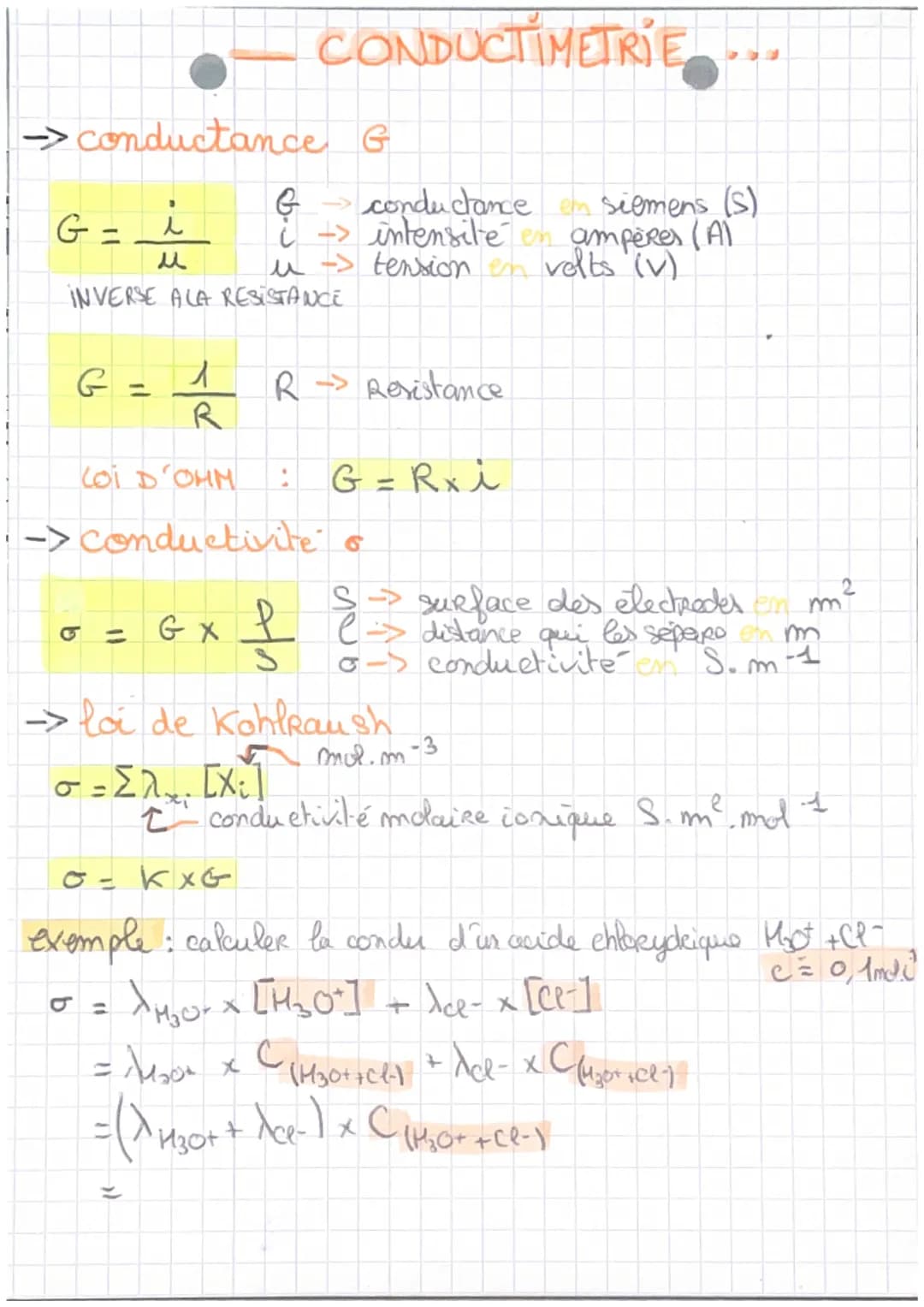 # CONDUCTIMETRIE ETRIE
→conductance G
$G = \frac{i}{u}$
INVERSE ALA RESISTANCE
$G=\frac{1}{R}$ R Resistance
COI D'OHM :
G = Rx i
->con