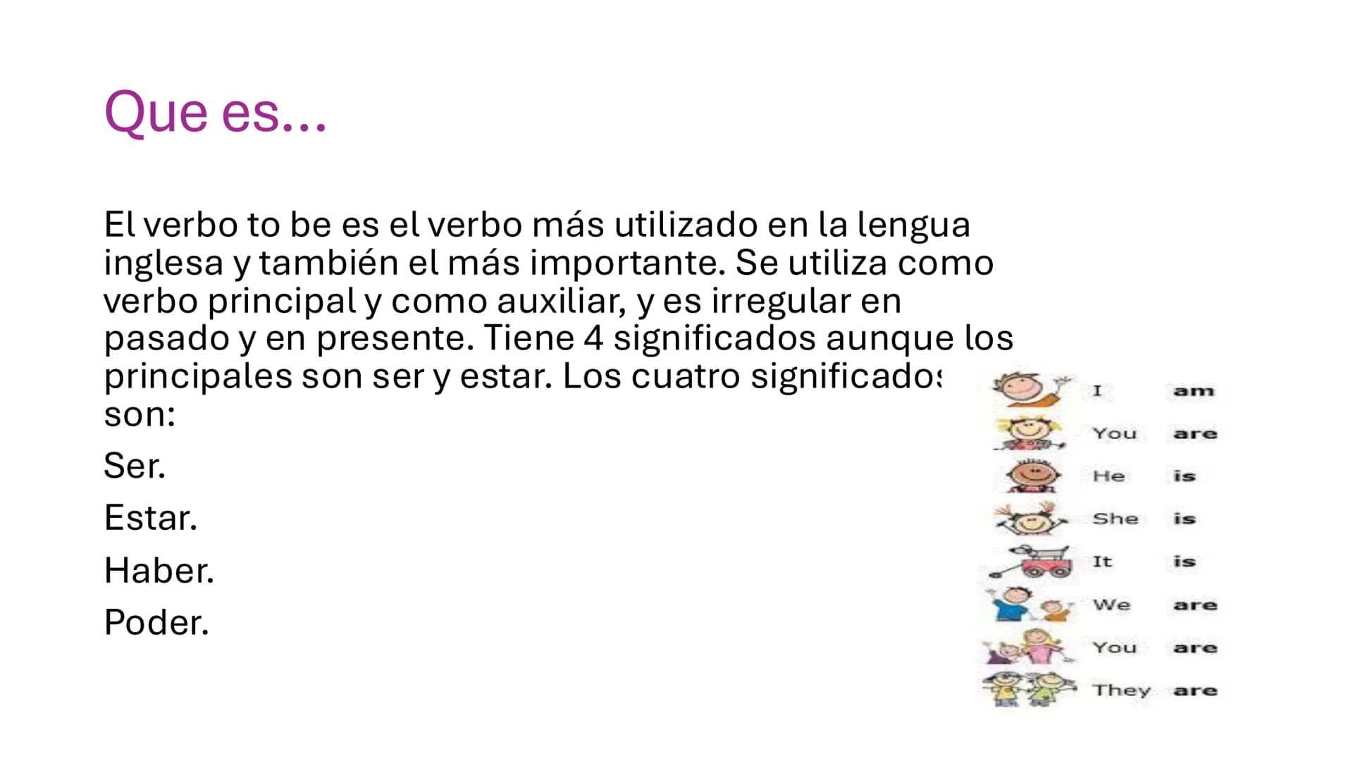 VERBO TO BE...
VERB TO BE
He is...
You are
She is...
I am...
H
We are.... Que es...
El verbo to be es el verbo más utilizado en la l