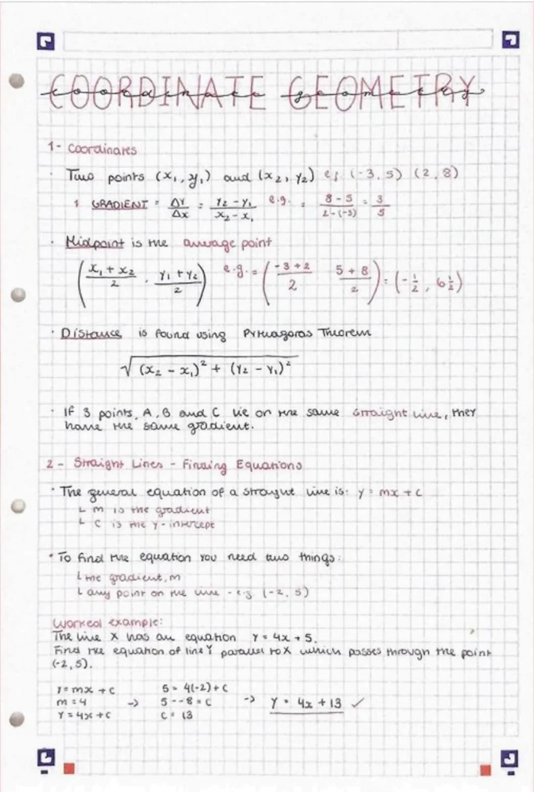 # COORDINATE GEOMETPAY
1- Coordinares
Two points $(x_1, y_1)$ and $(x_2, y_2)$ e.g. (-3.5) (2,8)
1 GRADIENT = $\frac{\Delta y}{\Delta x}