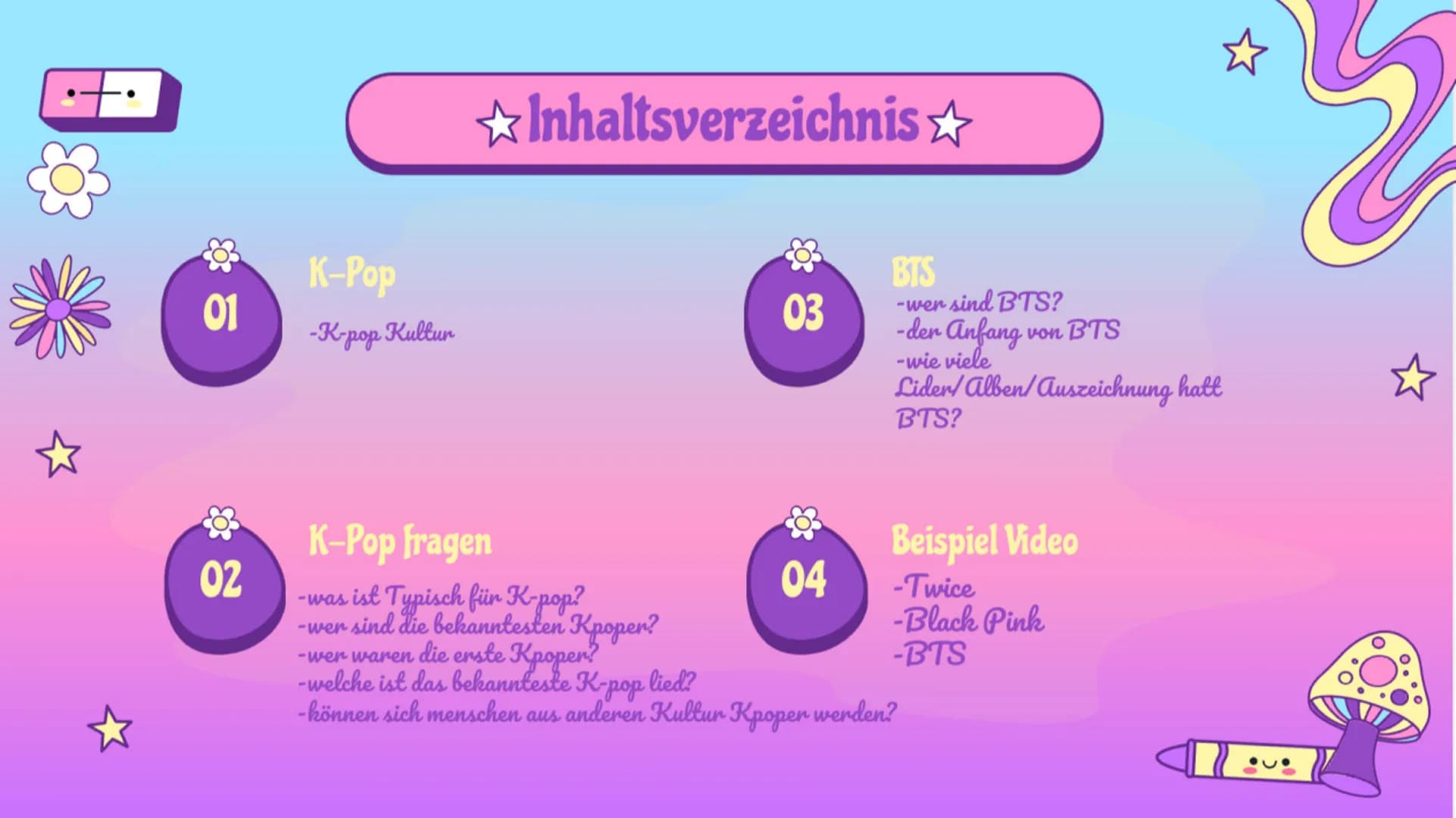 ☆
☆
☆
K-Pop
Koreanische Pop Musik
Von Mariam Al Nasser
☆
☆ ☆
★Inhaltsverzeichnis✩
K-Pop
01
03
BTS
-K-pop Kultur
-wer sind BTS?
-der An