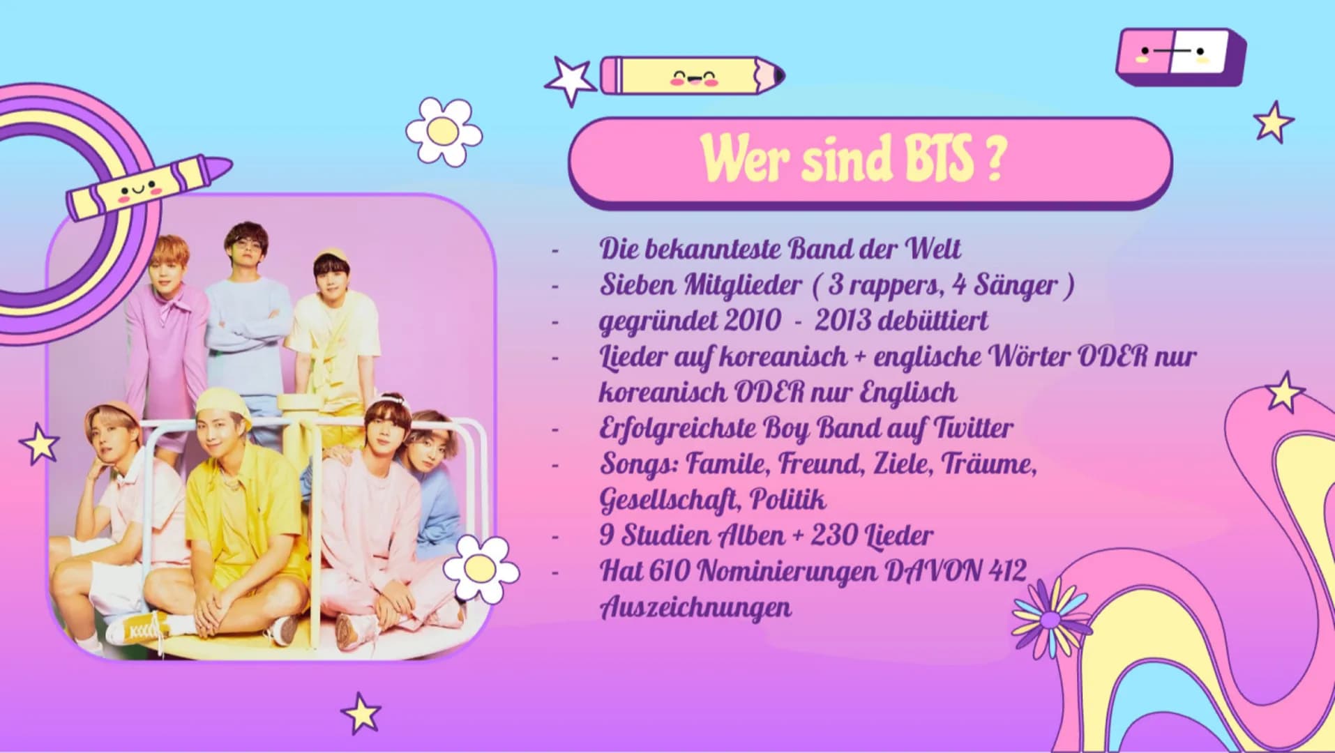 ☆
☆
☆
K-Pop
Koreanische Pop Musik
Von Mariam Al Nasser
☆
☆ ☆
★Inhaltsverzeichnis✩
K-Pop
01
03
BTS
-K-pop Kultur
-wer sind BTS?
-der An