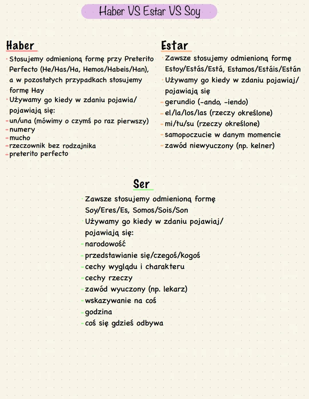 # Haber VS Estar VS Soy
# Haber
* Stosujemy odmienioną formę przy Preterito
Perfecto (He/Has/Ha, Hemos/Habeis/Han),
a w pozostałych przyp