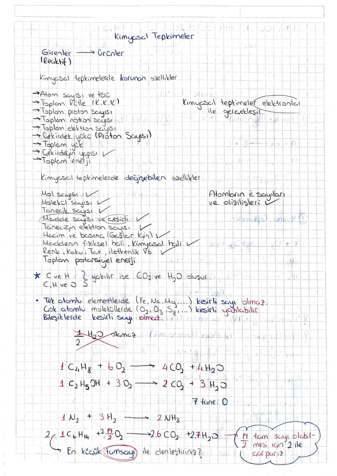Kimyasal Tepkimeler
Girenler → Ürünler
(Reaktif)
Kimyasal tepkimelerde korunan szellikler
→Atom sayısı ve tüü
→Toplan kitle IK.K.K)
→To