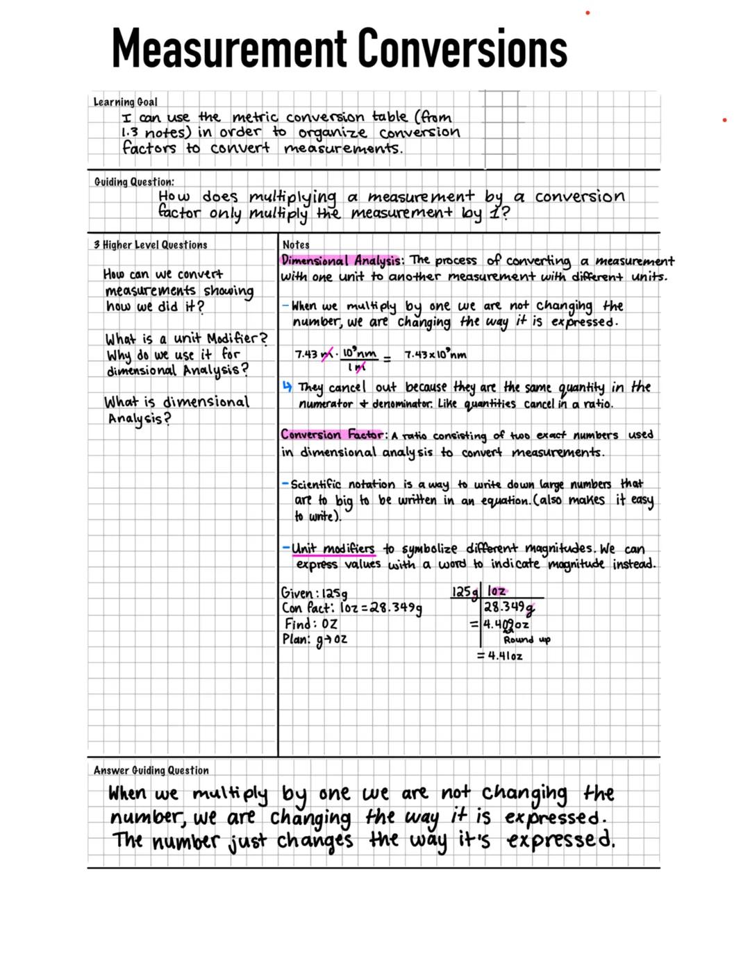 # Measurement Conversions
Learning Goal
I can use the metric conversion table (from
1.3 notes) in order to organize conversion
factors to c