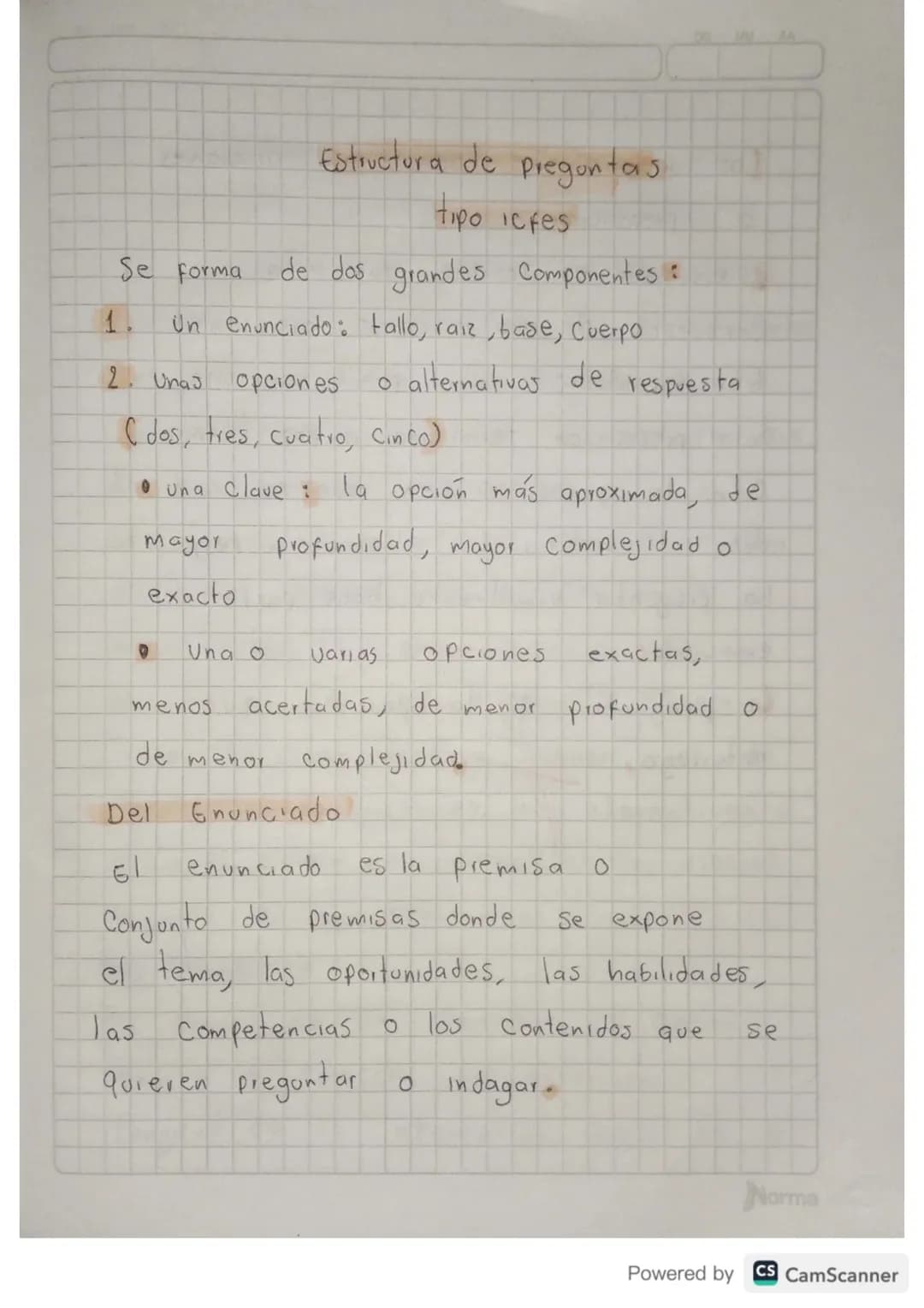 Estructura de preguntas
tipo icfes
Se forma de das grandes Componentes:
1. Un enunciado: tallo, raiz, base, Cuerpo
2. Unas opciones o alter