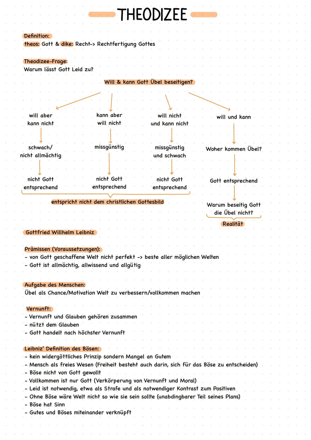 # THEODIZEE
Definition:
theos: Gott & dike: Recht-> Rechtfertigung Gottes
Theodizee-Frage:
Warum lässt Gott Leid zu?
will aber
kann nicht