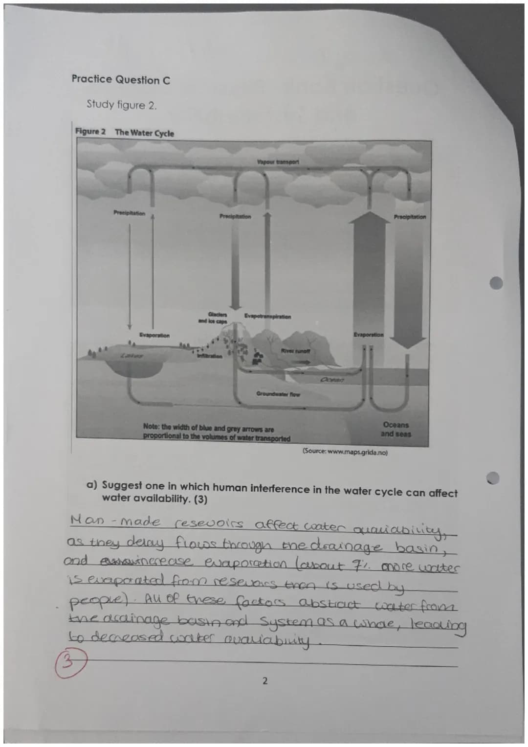 Practice Question C
Study figure 2.
Figure 2 The Water Cycle
Precipitation
Precipita
Vapour transport
Glaciers
and ice cape
Evapotran