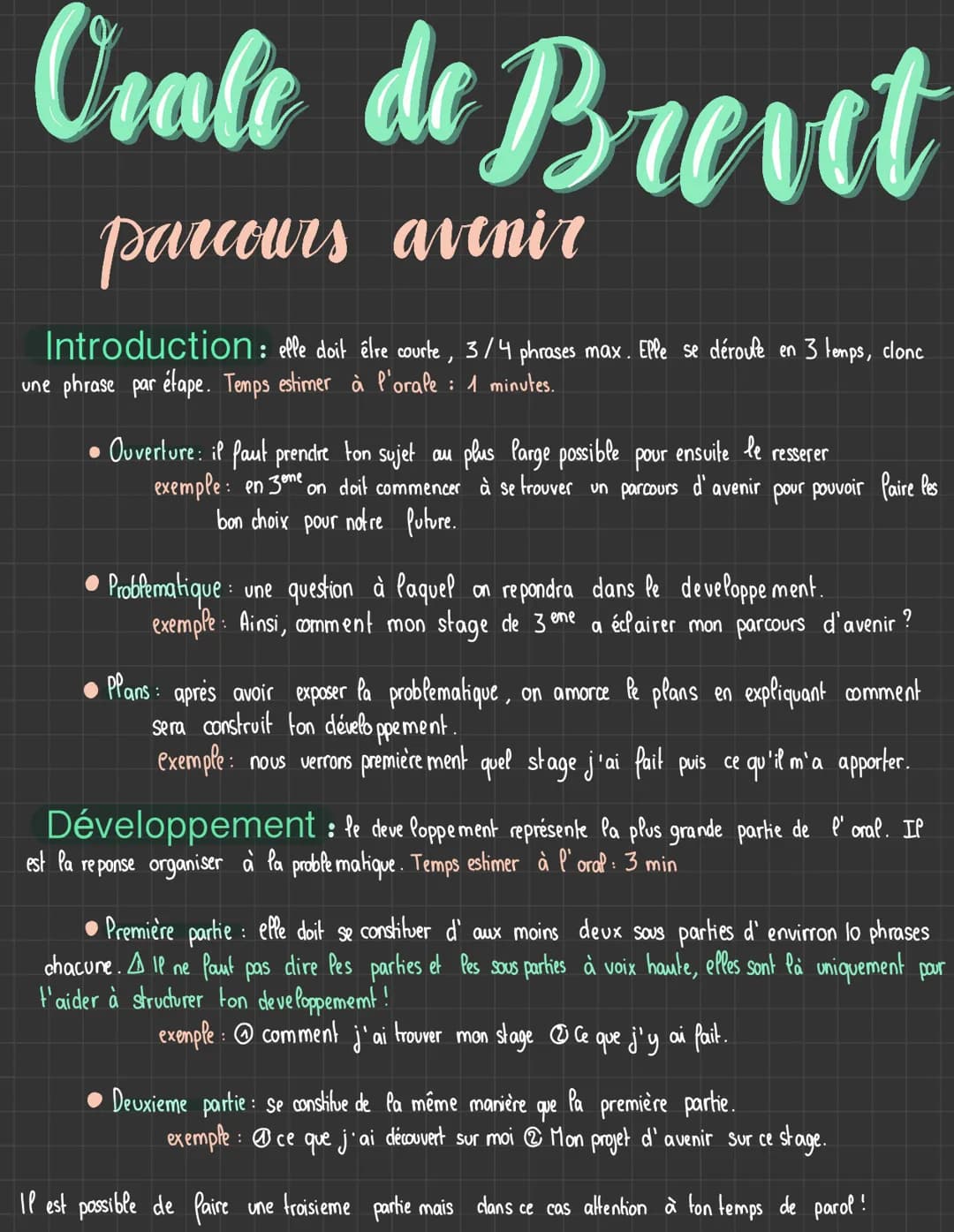 # Orale de Brevet
parcours avenir
Introduction: elle doit être courte, 3/4 phrases max. Elle se déroute en 3 temps, clonc
une phrase par é