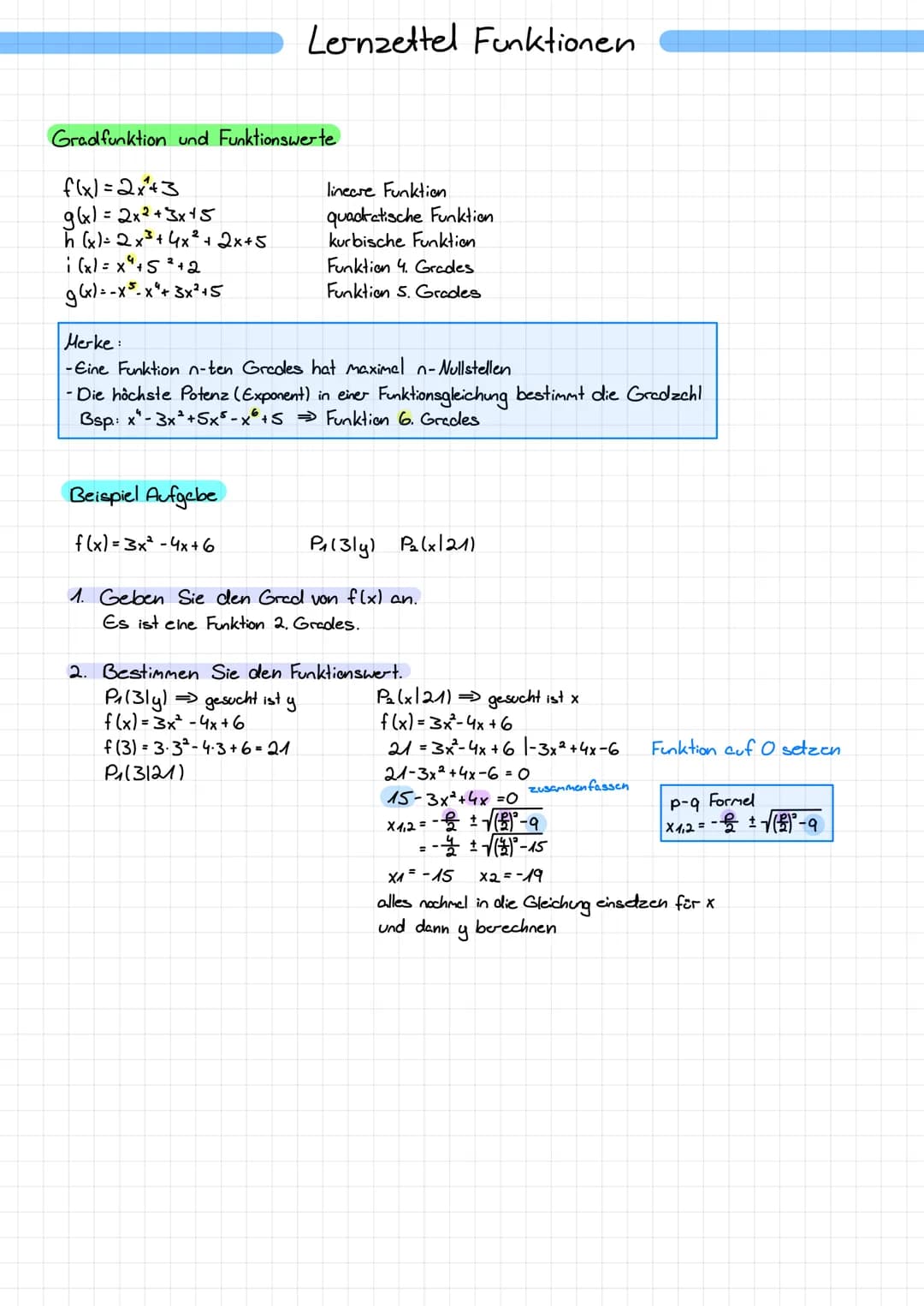# Lernzettel Funktionen
Gradfunktion und Funktionswerte
f(x)=2x+3 lineare Funktion.
g(x) = 2x2+3x+5 quackratische Funktion
h(x)= 2x3 + 4x²
