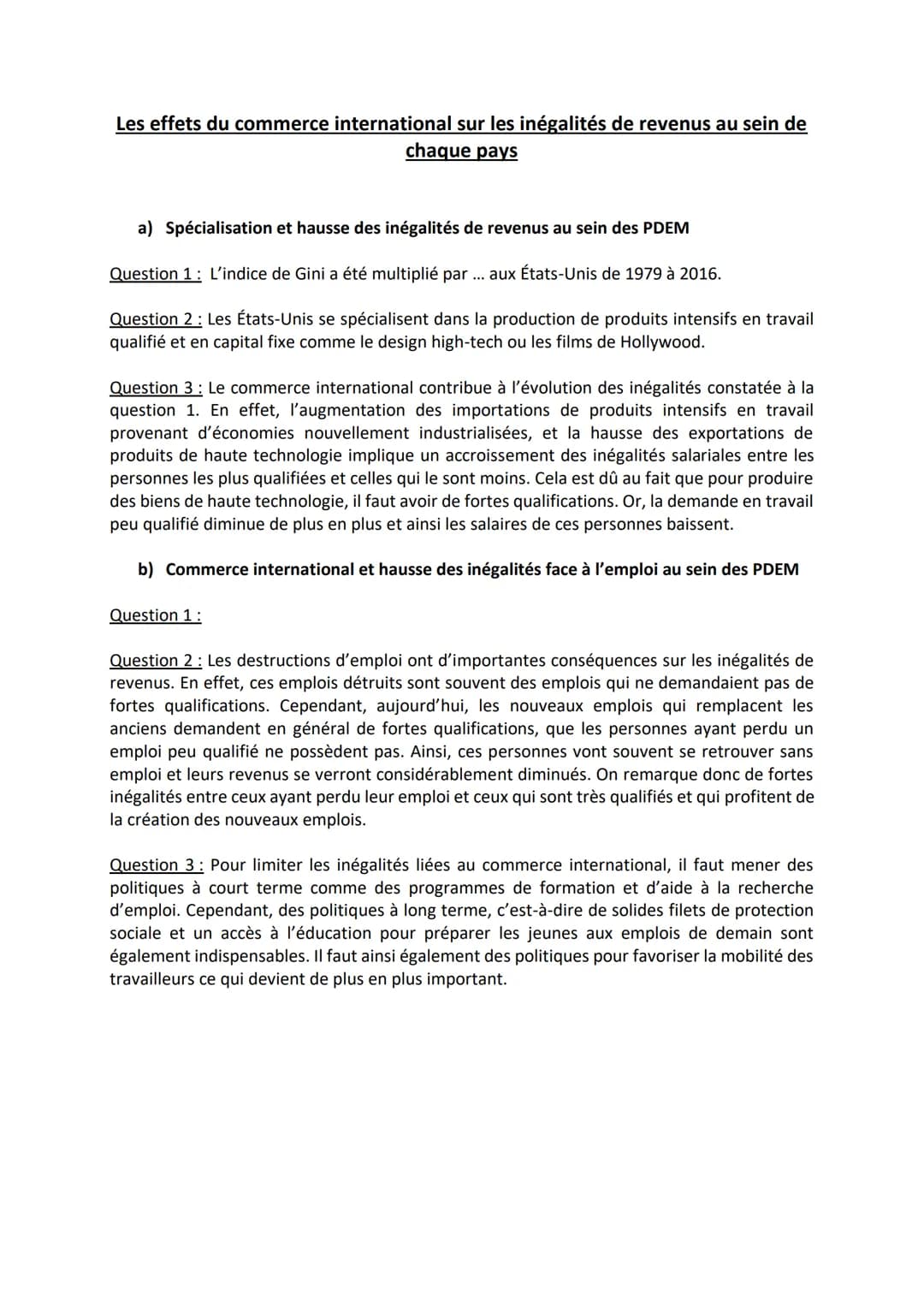 # Les effets du commerce international sur les inégalités de revenus au sein de
chaque pays
a) Spécialisation et hausse des inégalités de r