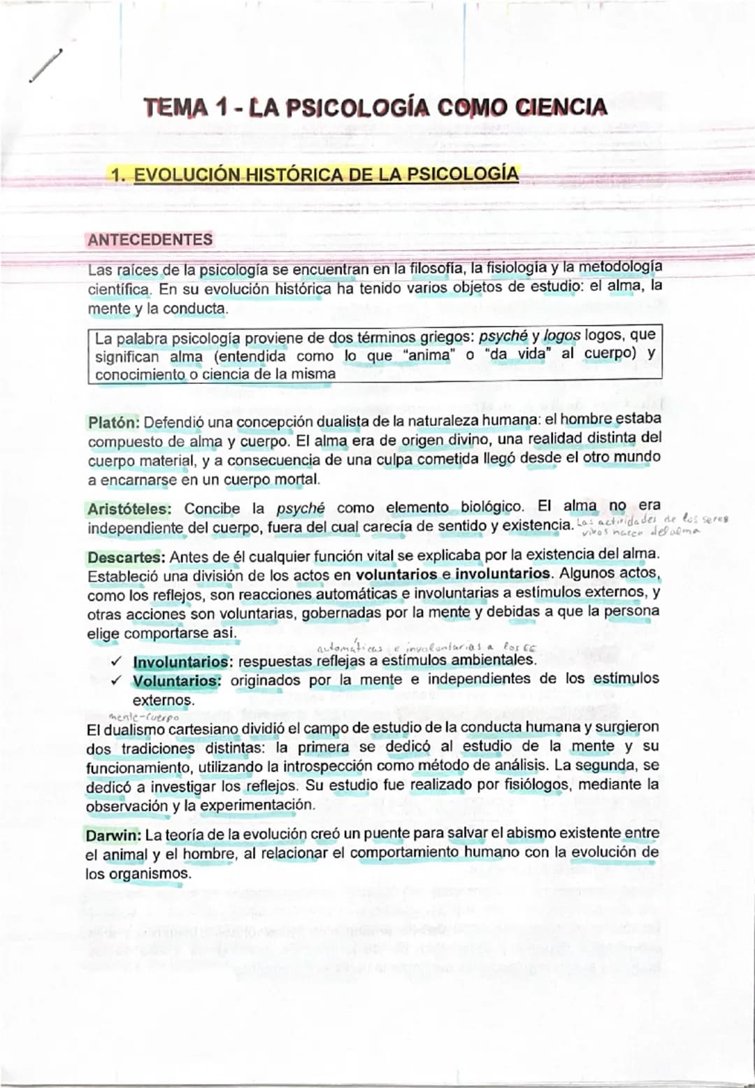 # TEMA 1-LA PSICOLOGÍA COMO CIENCIA
## 1. EVOLUCIÓN HISTÓRICA DE LA PSICOLOGÍA
ANTECEDENTES
Las raíces de la psicología se encuentran en