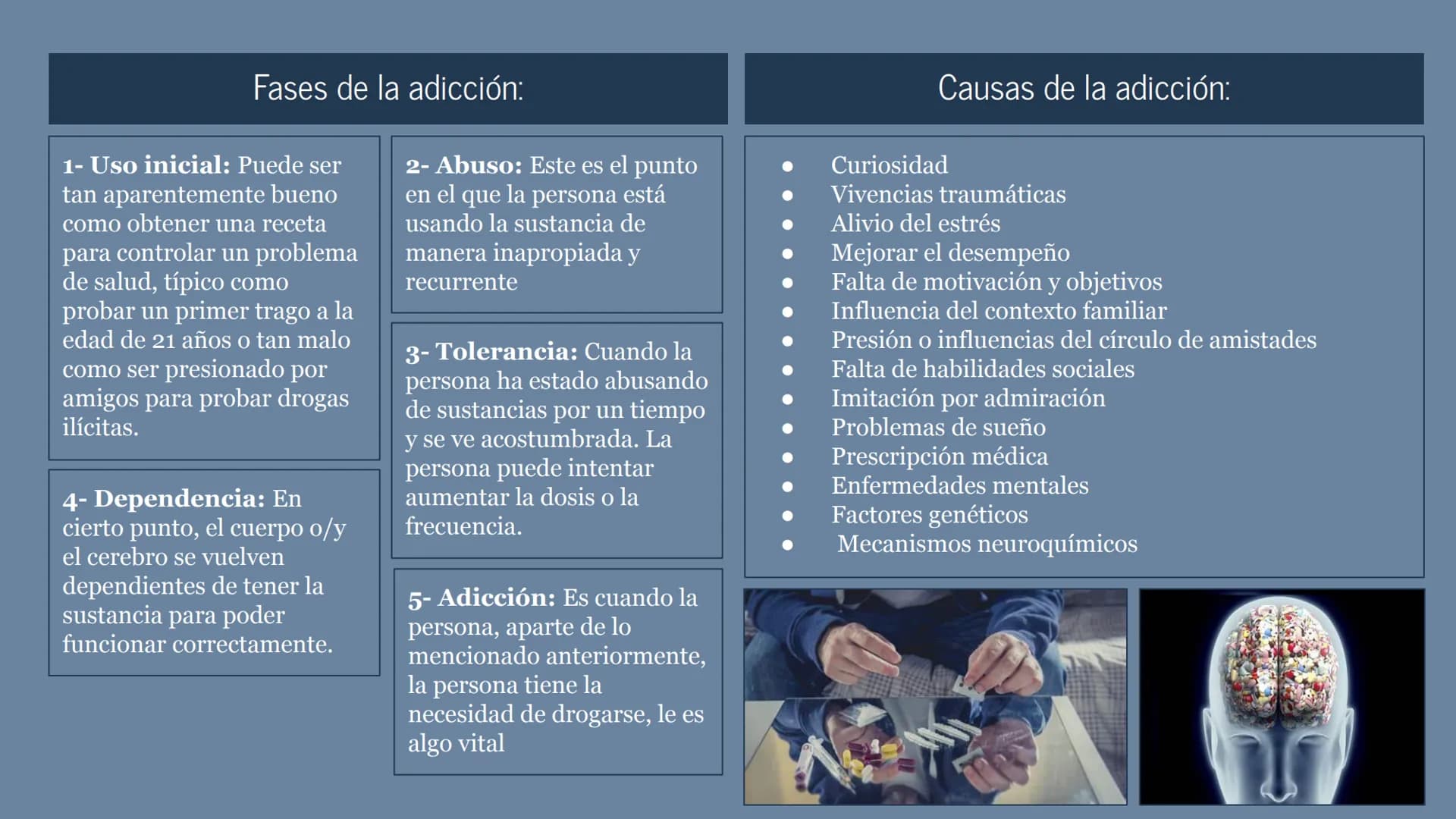 # Drogodependencias # ¿Qué son las drogas?
Normalmente se usa para referirse a
una sustancia usada sin fines
terapéuticos, autoadministrada