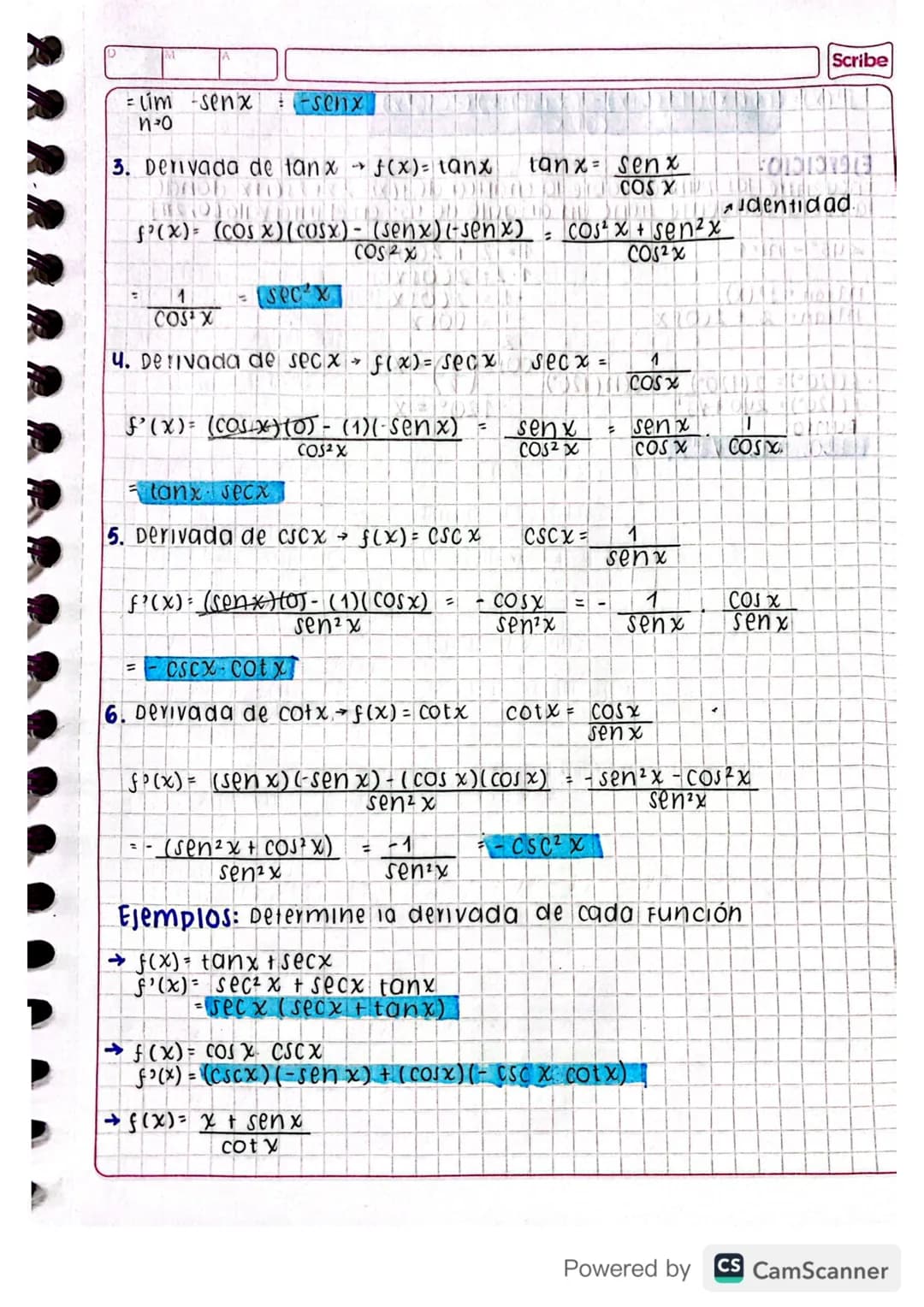 Scribe
derivada: DE LAS FUNCIONES TRIGONOMETRICAS
las derivadas de las 6 Funciones trigonometricas son:
> $\frac{d}{dx}$ sen x = cos x
>