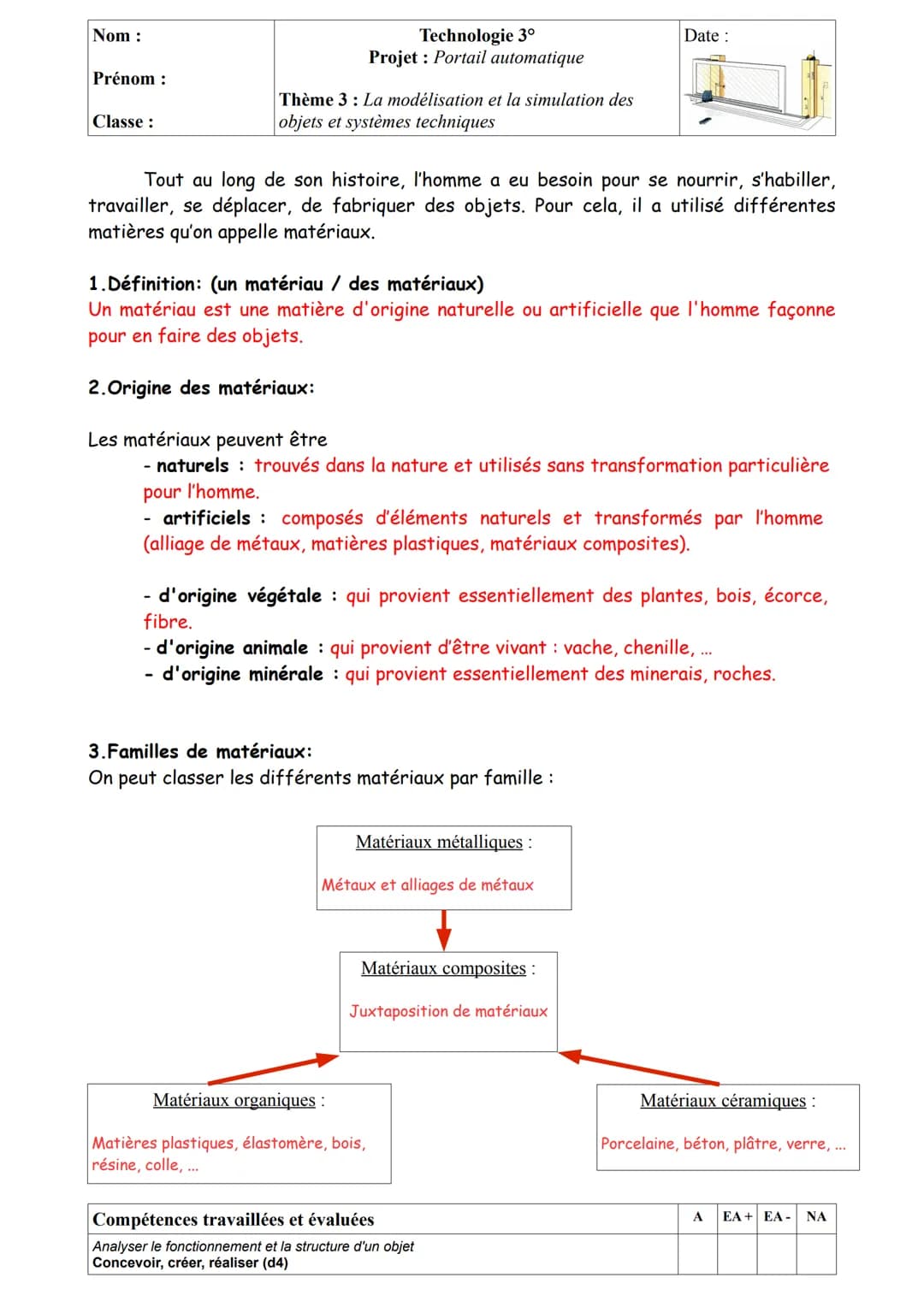 Nom:
Prénom:
Classe:
Projet: Portail automatique
Thème 1: Design, innovation et créativité
Compétences travaillées et évaluées
Imaginer