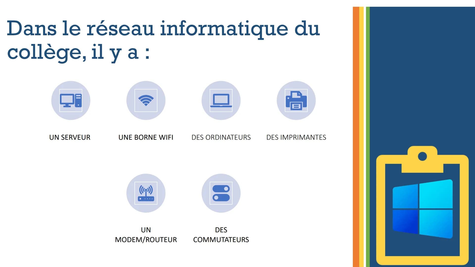 # Le réseau
# informatique du
# collège Dans le réseau informatique du
collège, il y a:
UN SERVEUR
UNE BORNE WIFI
DES ORDINATEURS
DES IM