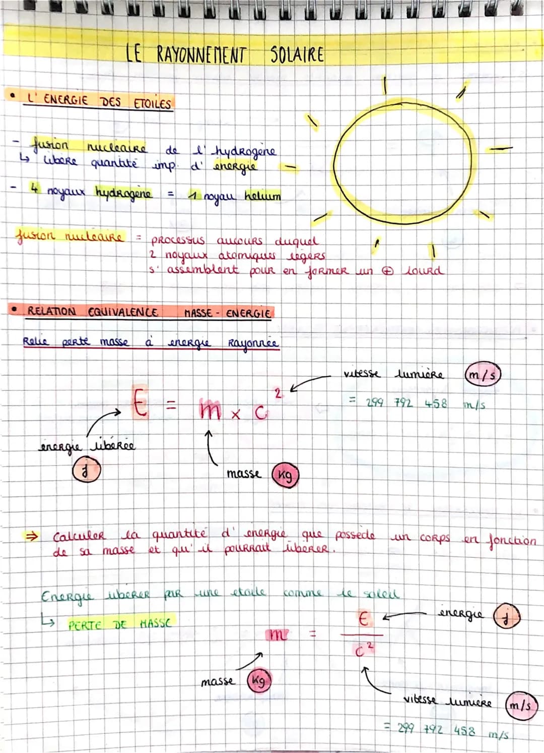 # LE RAYONNEMENT SOLAIRE
• L'ENERGIE DES ETOILES
- fusion nucleaire de hydrogene
↳ ubere quantité imp d' energie
- 4 noyaux hydrogene = 1